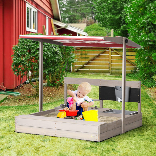 Outsunny Kids Wooden Sandbox w/ Canopy, Kitchen Toys, Seat, Storage, for Outdoor - ALL4U RETAILER LTD