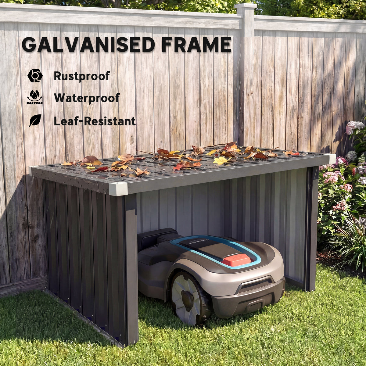 Galvanized steel robot mower storage shed with weatherproof frame and open side door
