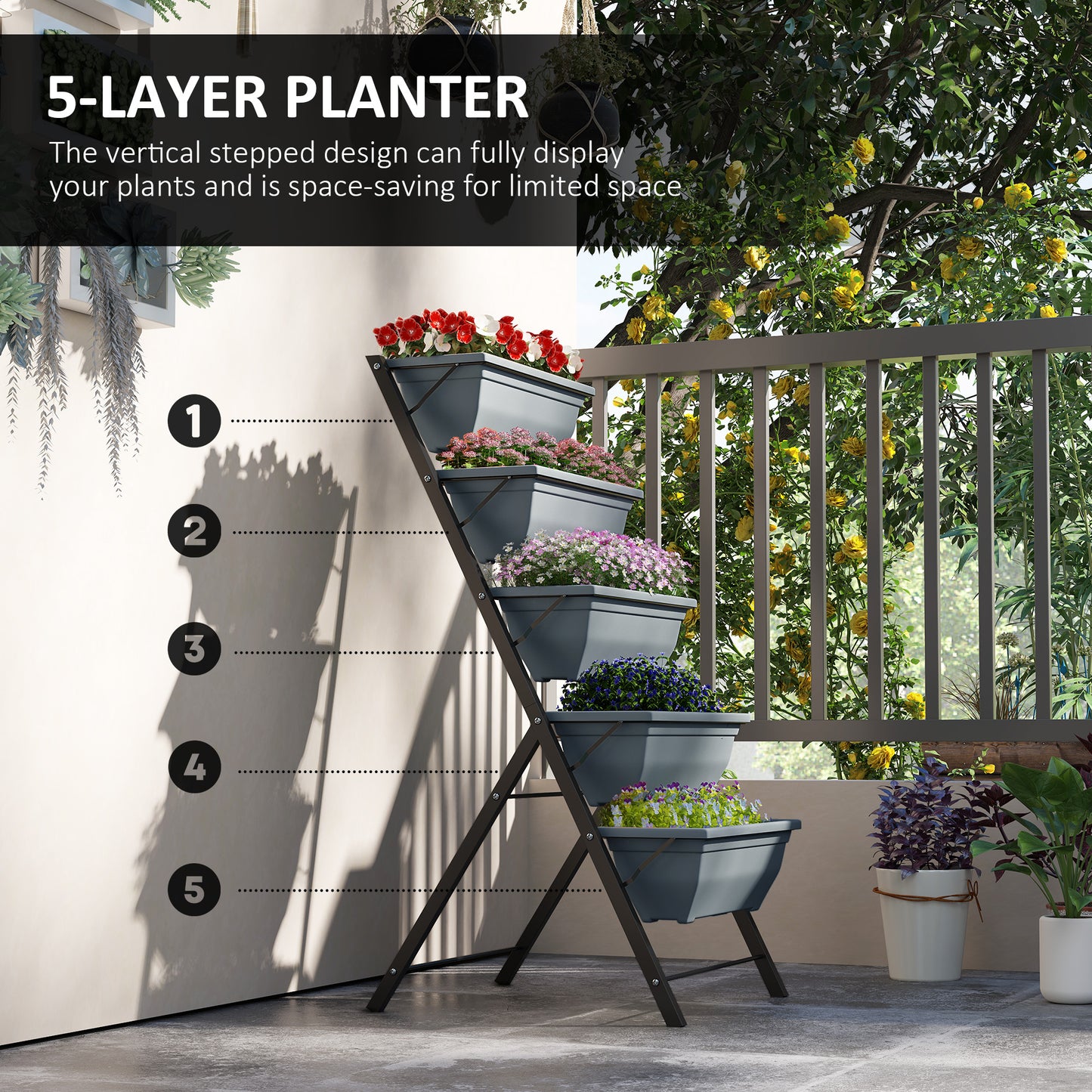 Outsunny 5 Tier Raised Garden Bed Vertical Ladder Plant Stand With 5 Removable Boxes Drainage Holes And Plugs Grey