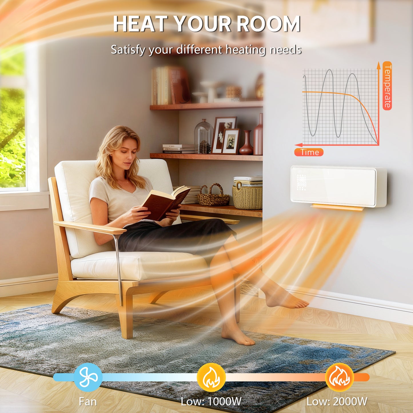 HOMCOM 2000W Ceramic Electric Space Heater With Fan And Adjustable Thermostat Wall Mounted White