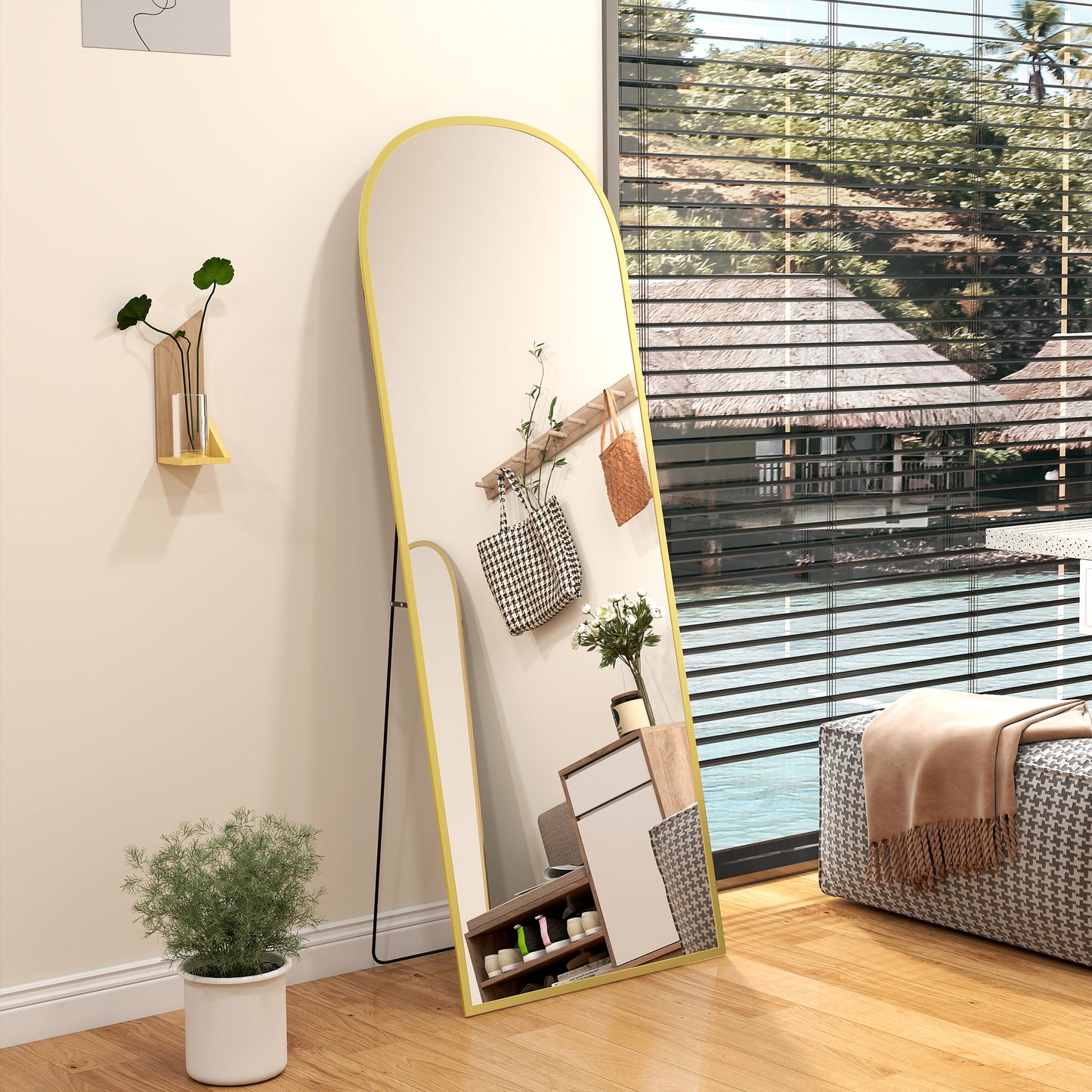 HOMCOM 165cm Aluminium Frame Standing Mirror Gold With Two Way Use And Wall Mount Option Full Length Floor Mirror