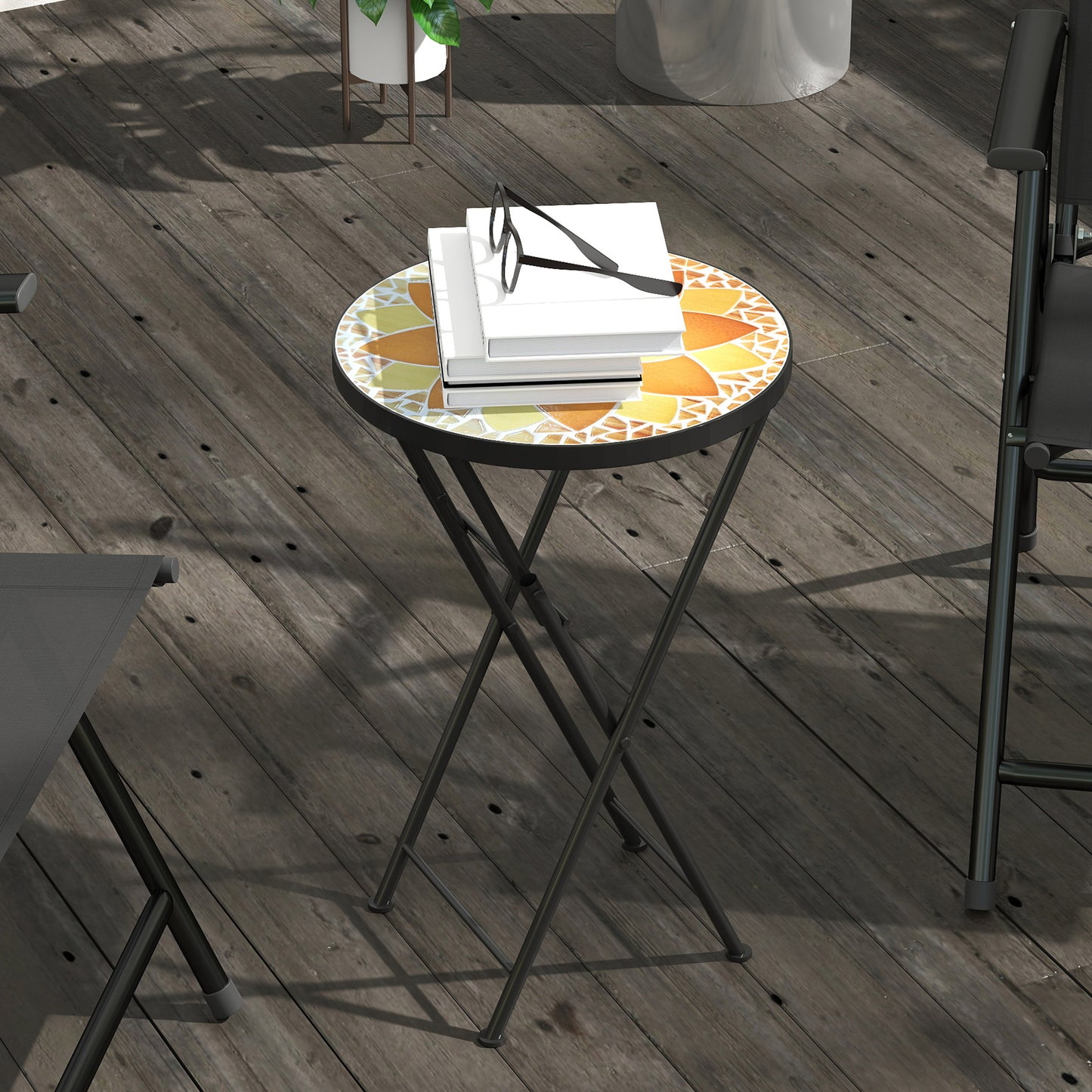 Outsunny Mosaic Round Folding Outdoor Garden Table With Metal Frame 35.5cm Yellow Balcony Terrace Coffee Table