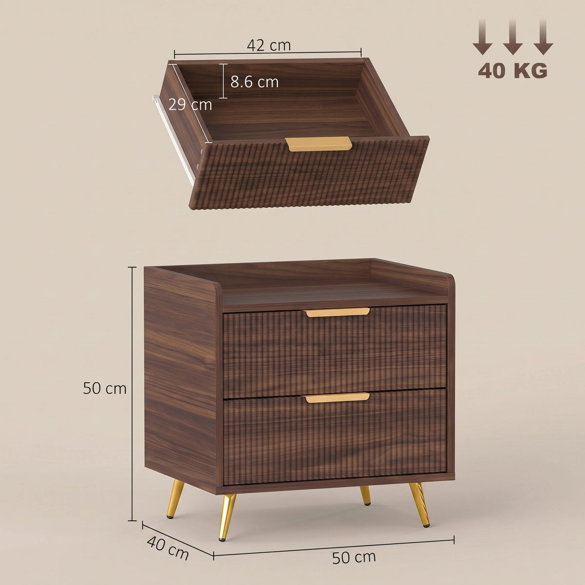 HOMCOM Two Drawer Bedside Table Walnut Brown Nightstand With Gold Handles
