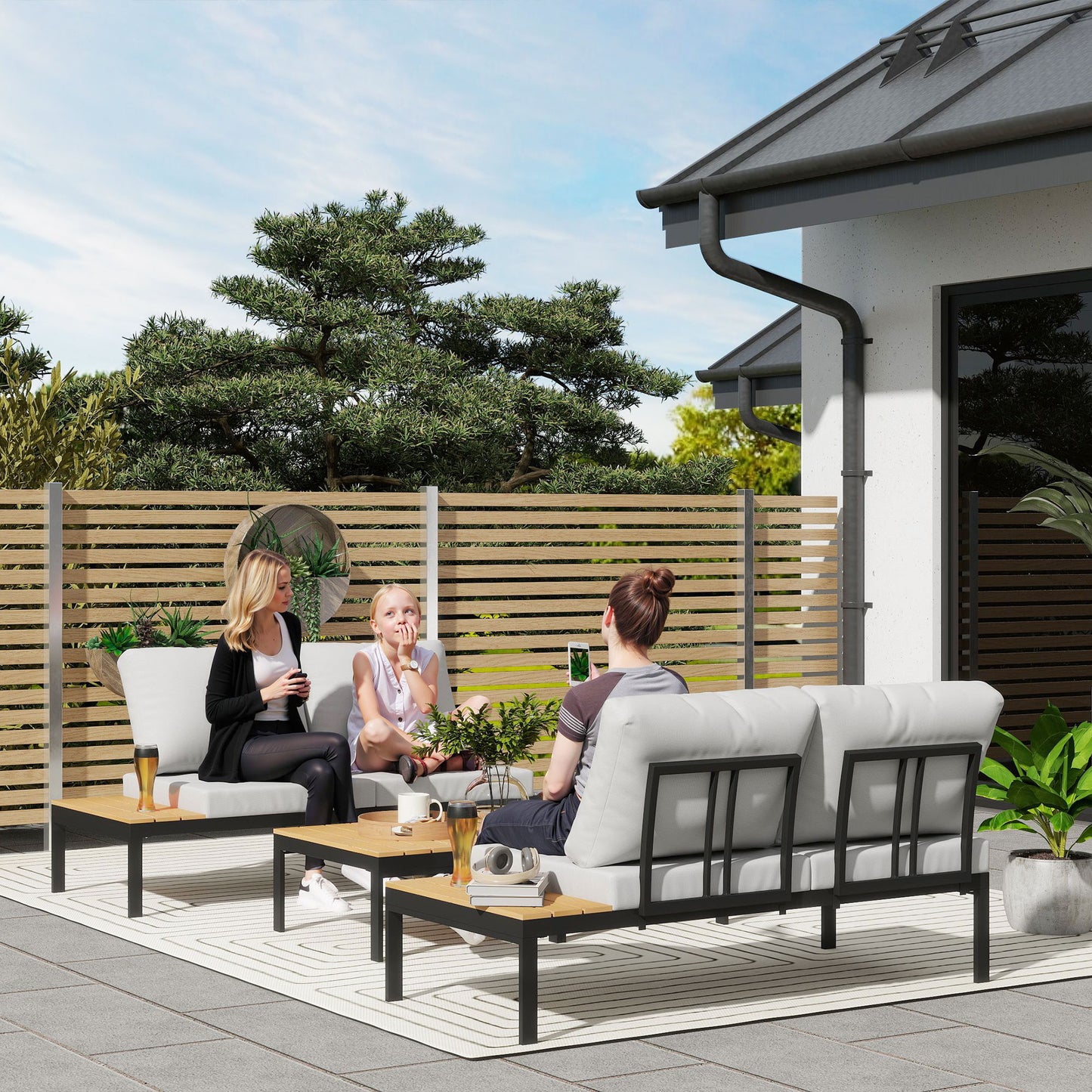 Outsunny Four Piece Garden Corner Sofa Set With Two Loveseats And Two Coffee Tables Teak Finish