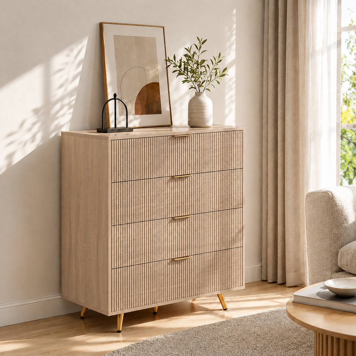 Homcom Bedroom Chest Of Drawers With 4 Drawers Gold Handles Fluted Dresser