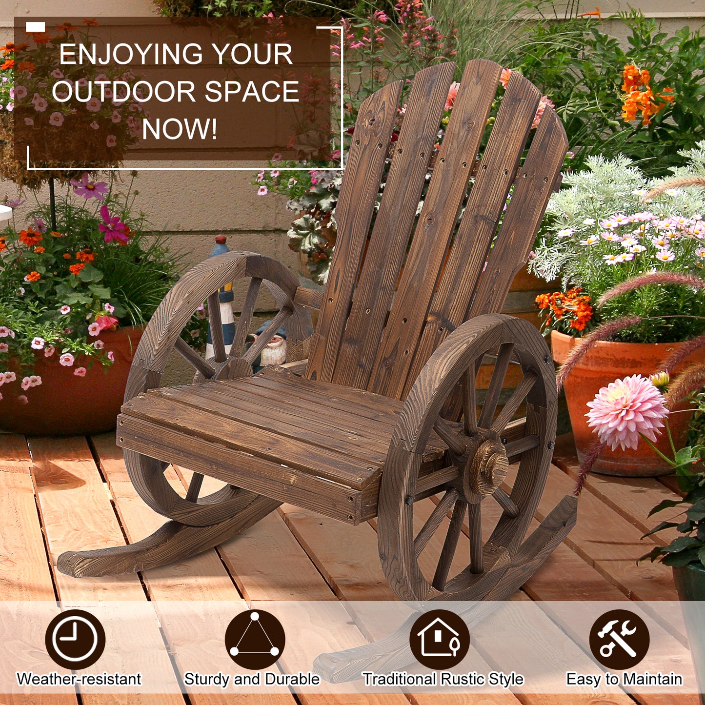 Outsunny 2 Piece Wooden Adirondack Rocking Chair Set With Reclining Back Outdoor Garden Patio Furniture Carbonized Wood