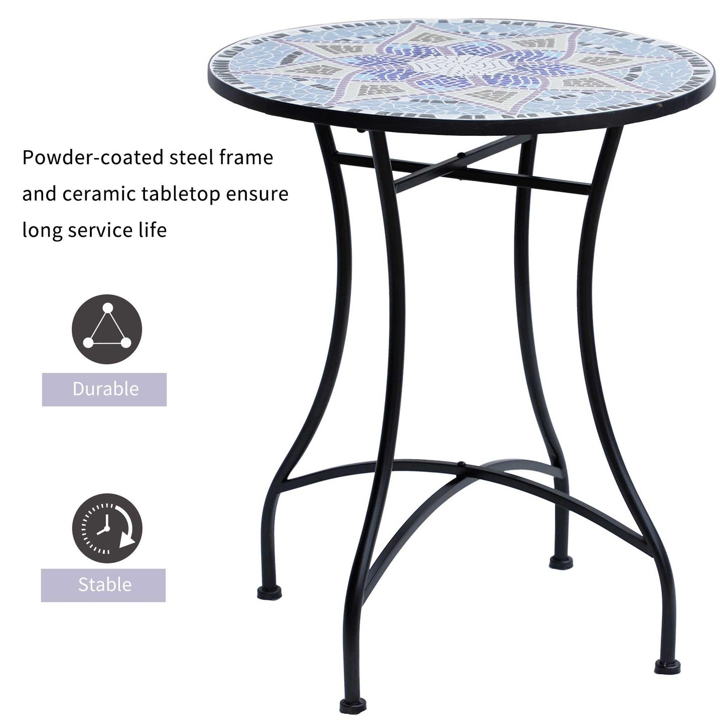 Outsunny Outdoor Mosaic Round Garden Table, Patio Bistro Coffee Side Table with 60cm Ceramic Top for Garden, Blue and White - ALL4U RETAILER LTD