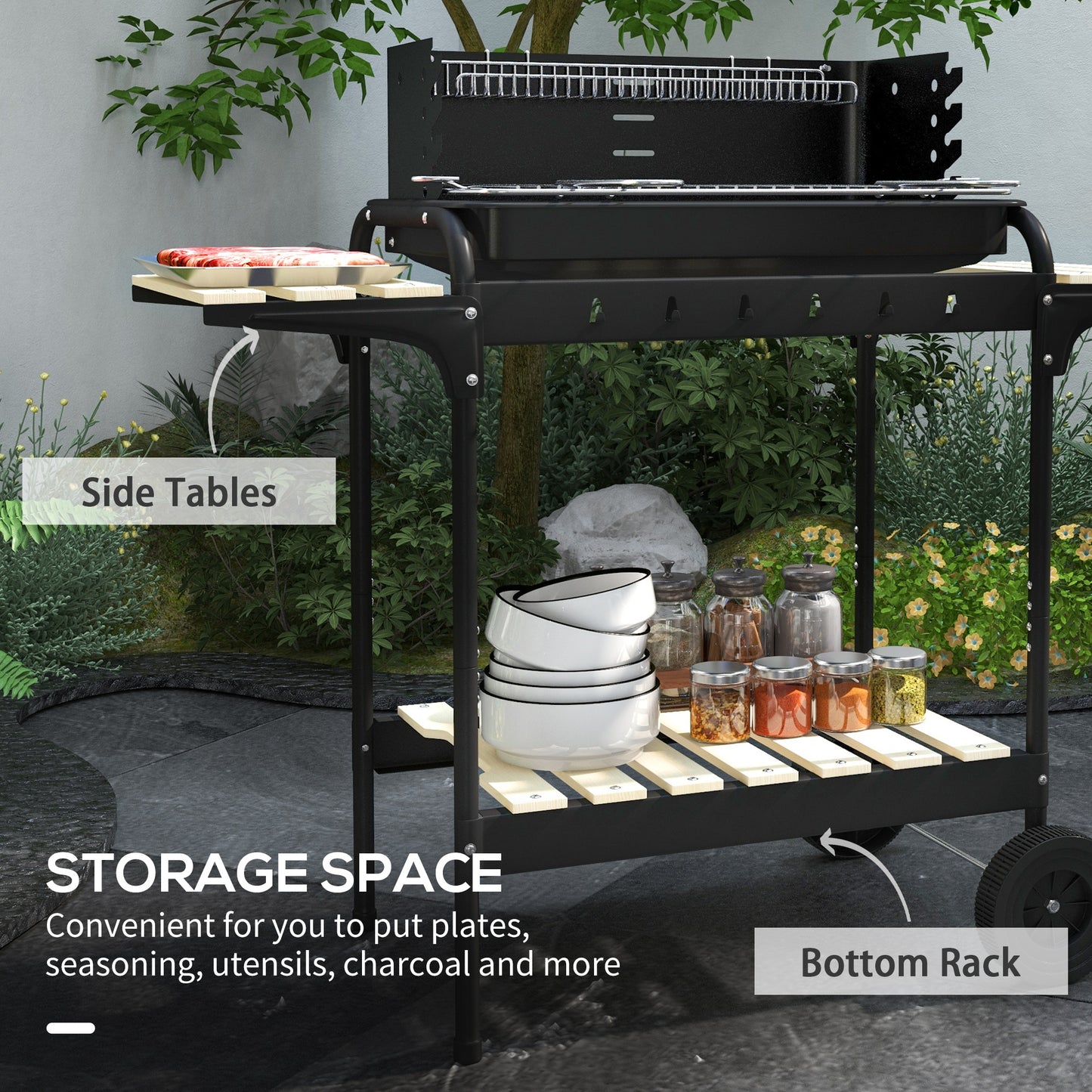 Outsunny Charcoal Barbecue Grill With Adjustable Height Portable Trolley And Ash Catcher And Wheels For Party Black