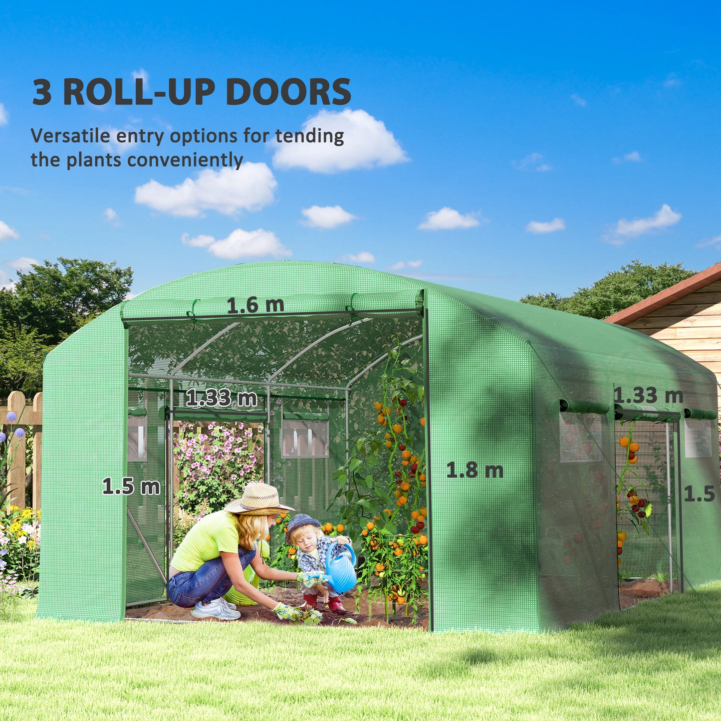 Outsunny 13 x 9.8 ft Walk-In Polytunnel Greenhouse With Roll-Up Doors And Mesh Windows 140gsm Cover