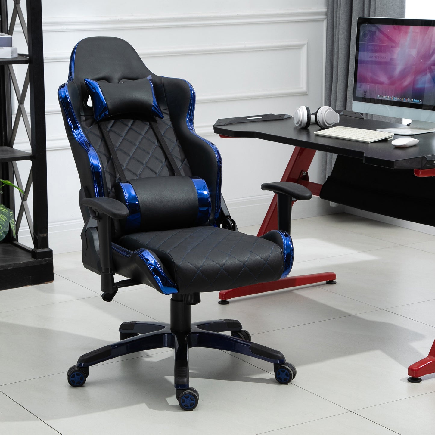 Vinsetto Black & Blue Holographic Gaming Chair - Ergonomic PU Leather Racing Seat with 360° Swivel, Adjustable Features, and Back Support Pillows - ALL4U RETAILER LTD