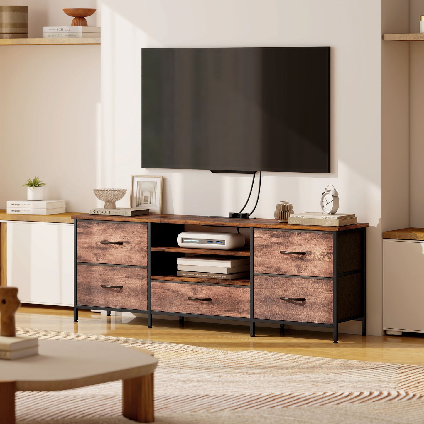 HOMCOM Multi Storage Industrial TV Stand For 65 Inch TV Dark Wood Effect With Grey Fabric Drawers And Steel Frame