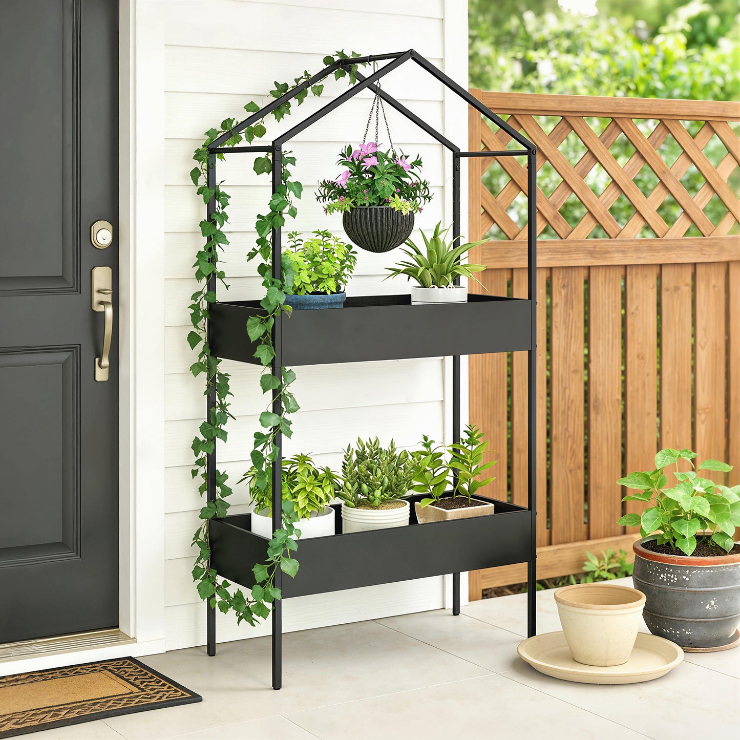 Outsunny 2 Tier Plant Stand With Hook Outdoor Indoor Metal Display Rack House Shaped Pots Holder Black