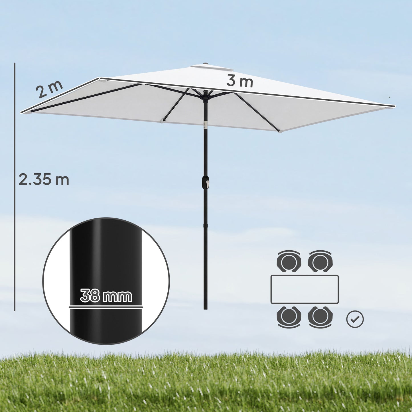 Outsunny Garden Parasol Umbrella With Crank Handle Tilt Function Cream White 180g Polyester Canopy
