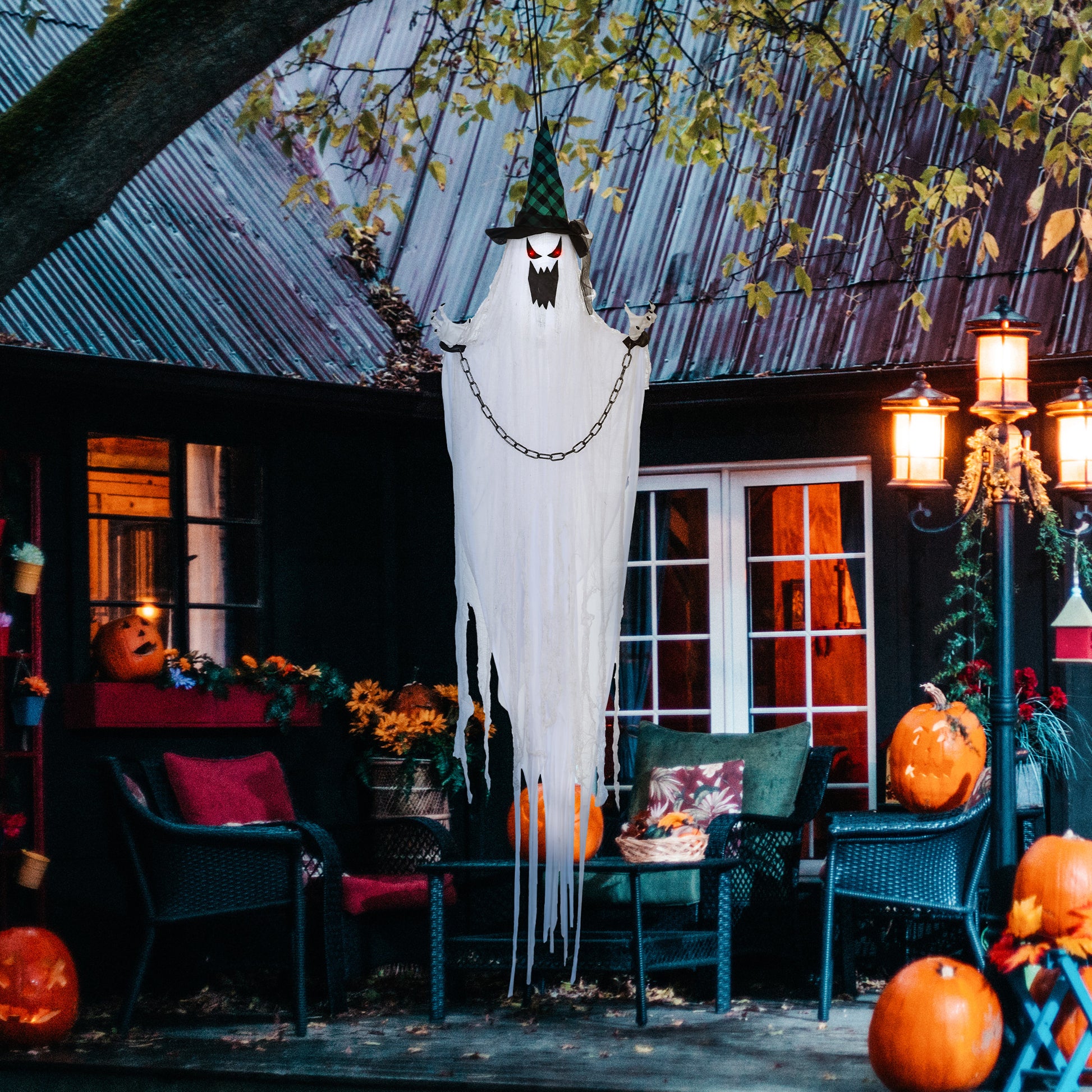 HOMCOM Spooky 80" Animated Hanging Ghost Decoration with Sound and Light Effects for Halloween - ALL4U RETAILER LTD