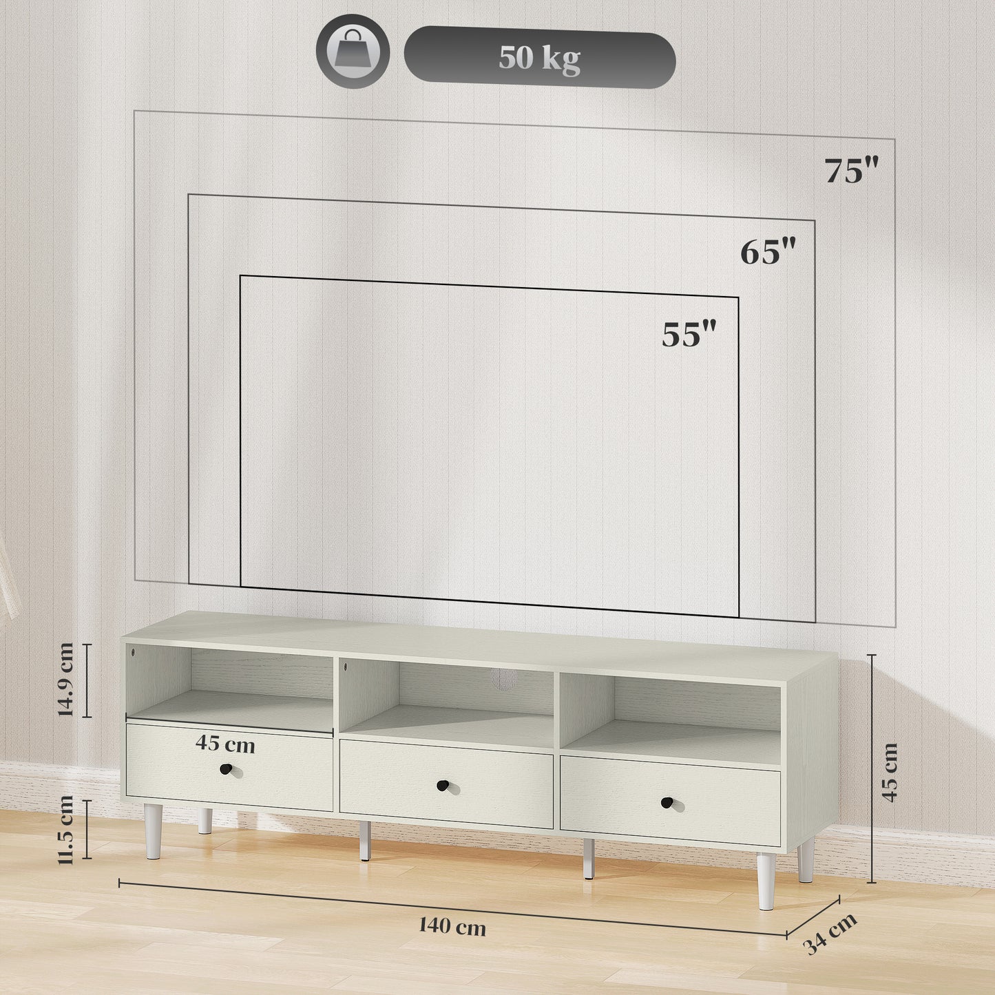 HOMCOM Cream White Multi Storage TV Stand With Three Shelves And Three Drawers Cable Management Up To 75 Inch Screen