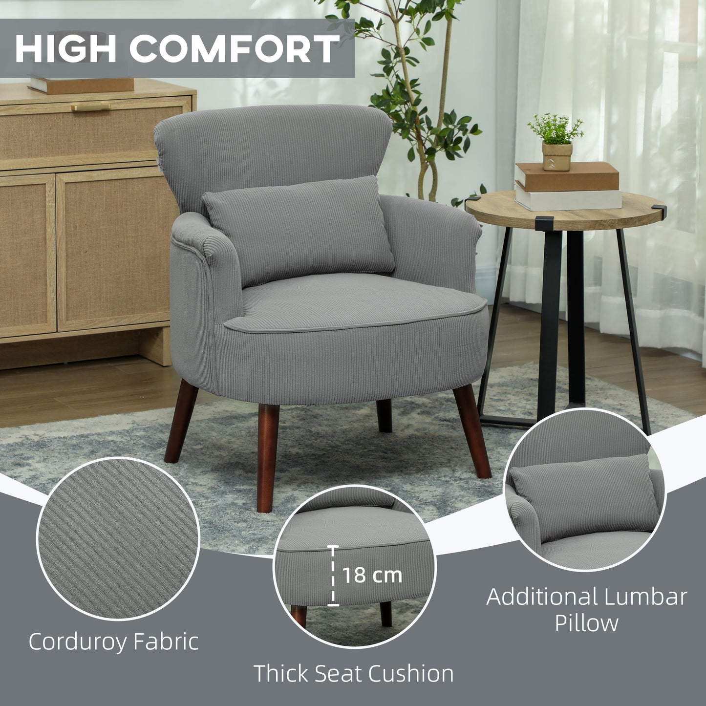 HOMCOM Corduroy Retro Wingback Accent Chair For Small Spaces Light Grey With Soft High Density Foam Padding