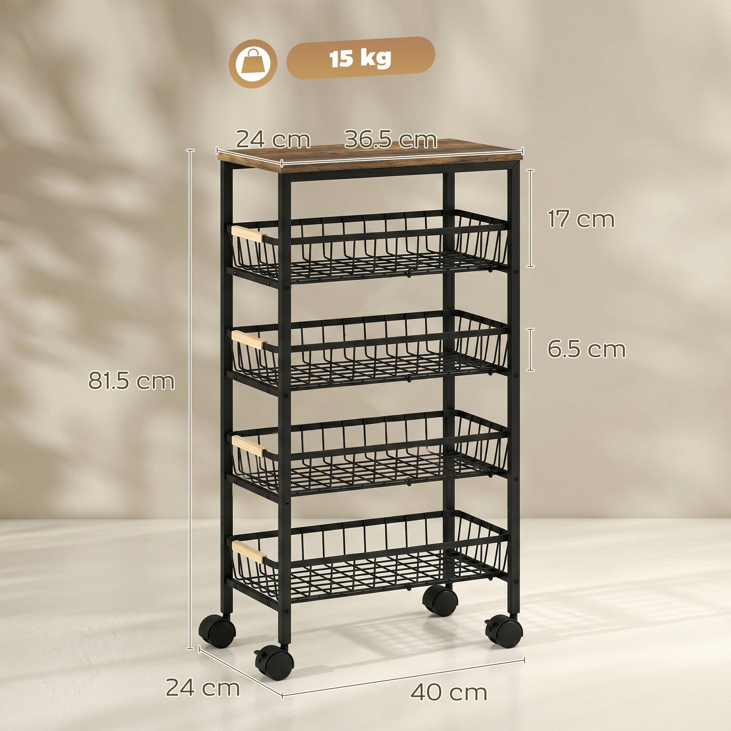 HOMCOM Metal Kitchen Trolley 4 Tier Storage With Pull Out Baskets And 4 Swivel Casters Rustic Brown