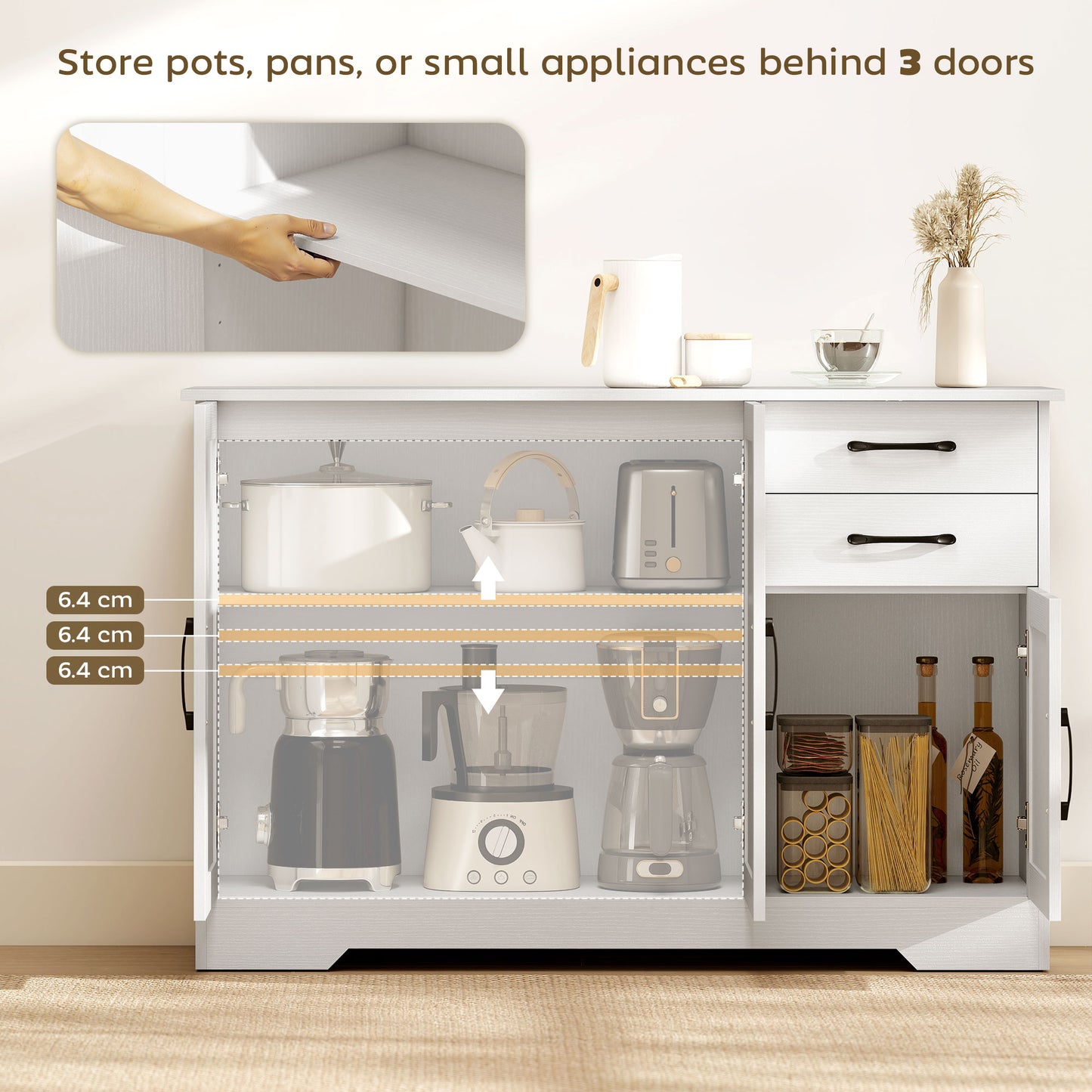 HOMCOM Sideboard With 2 Drawers And 3 Doors White Modern Storage Cabinet Kitchen Cupboard With Adjustable Shelf