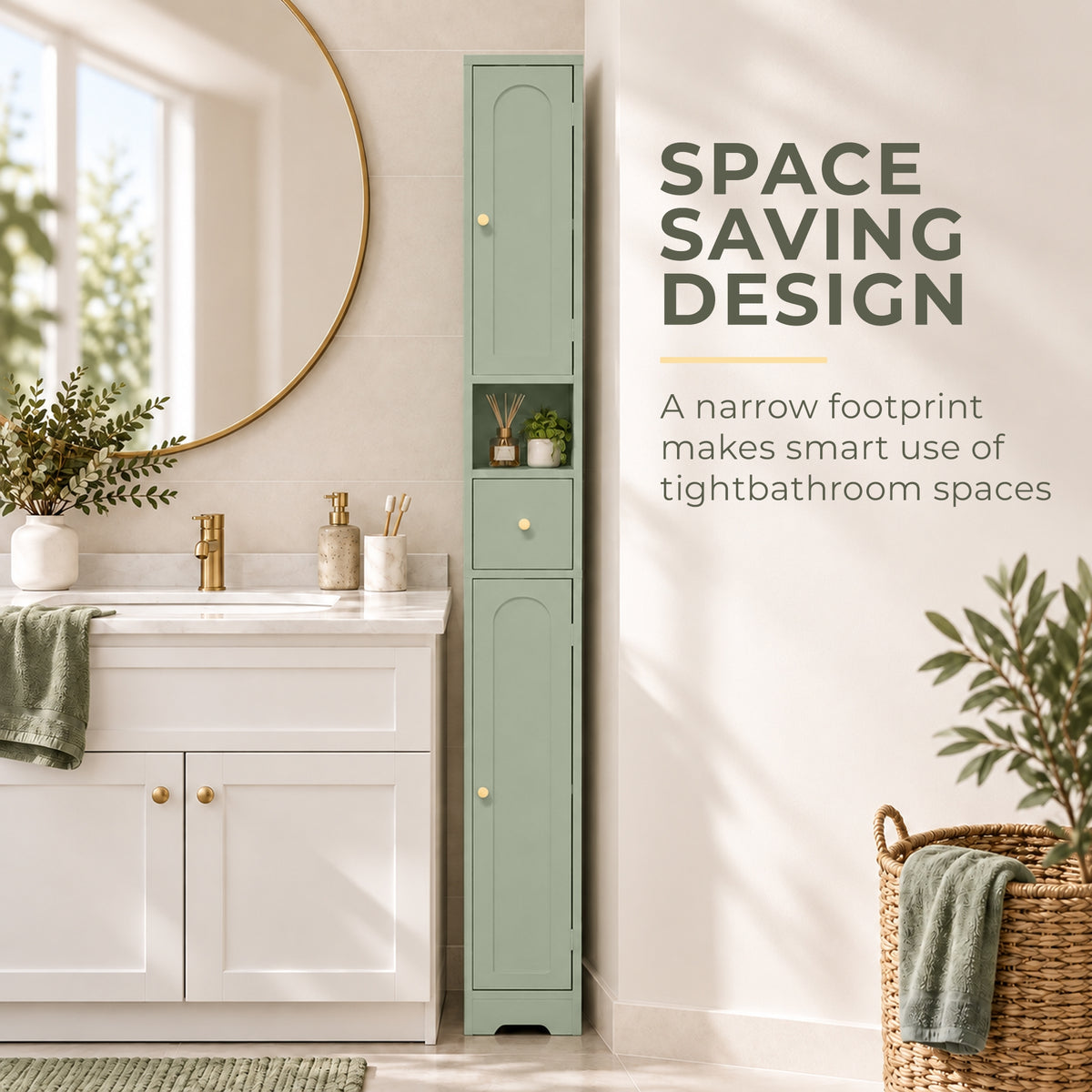 Light green narrow tall bathroom cabinet with vertical compartments and arched door.