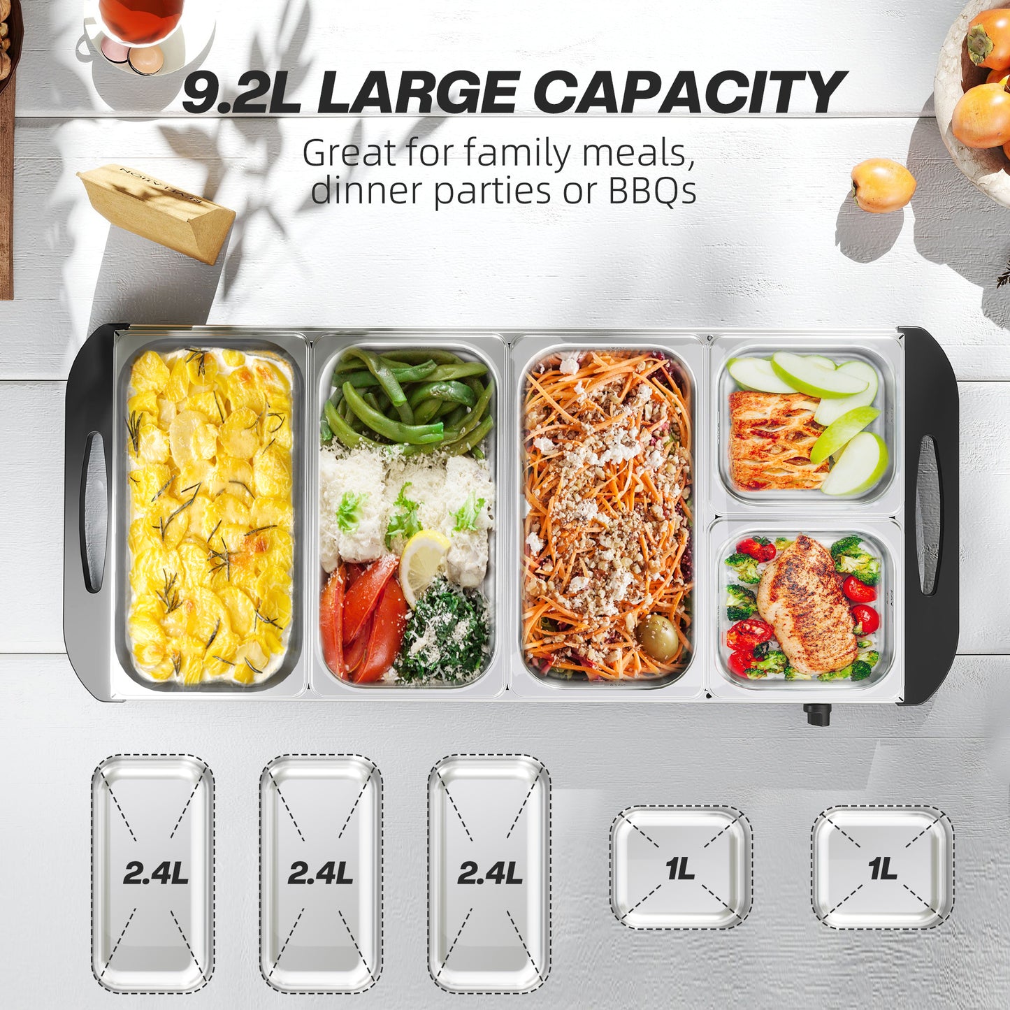 HOMCOM Five Tray Electric Buffet Warmer With Warming Plate And Adjust Temp Cool Touch Handles 300W 3X2.4L And 2X1L Pans