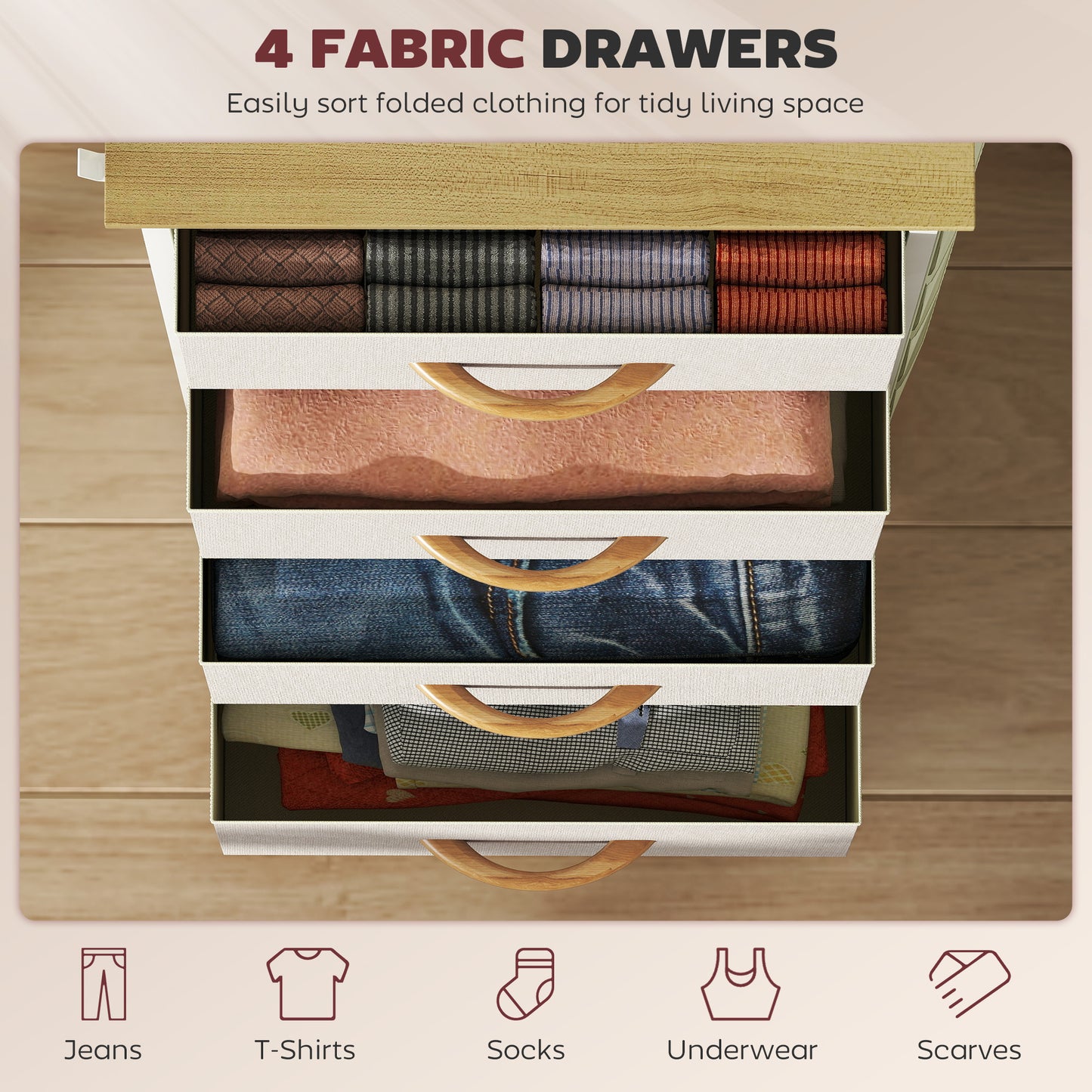 HOMCOM Chest Of Four Fabric Drawers Beige With Side Pockets And Hooks Steel Frame Storage Organizer