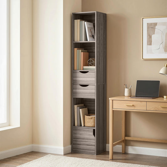 HOMCOM 158 Cm Grey Bookcase With Two Drawers And Cabinet Adjustable Shelves Open Storage For Living Room Or Office