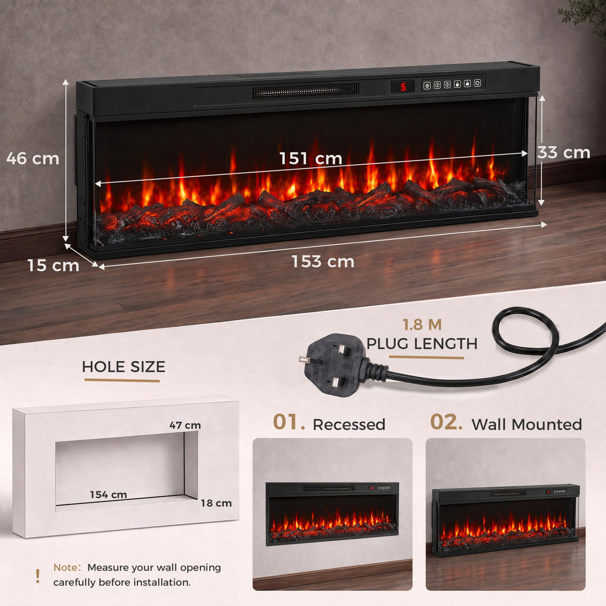 Electric fireplace insert with panoramic display, black housing, and side mounting dimensions