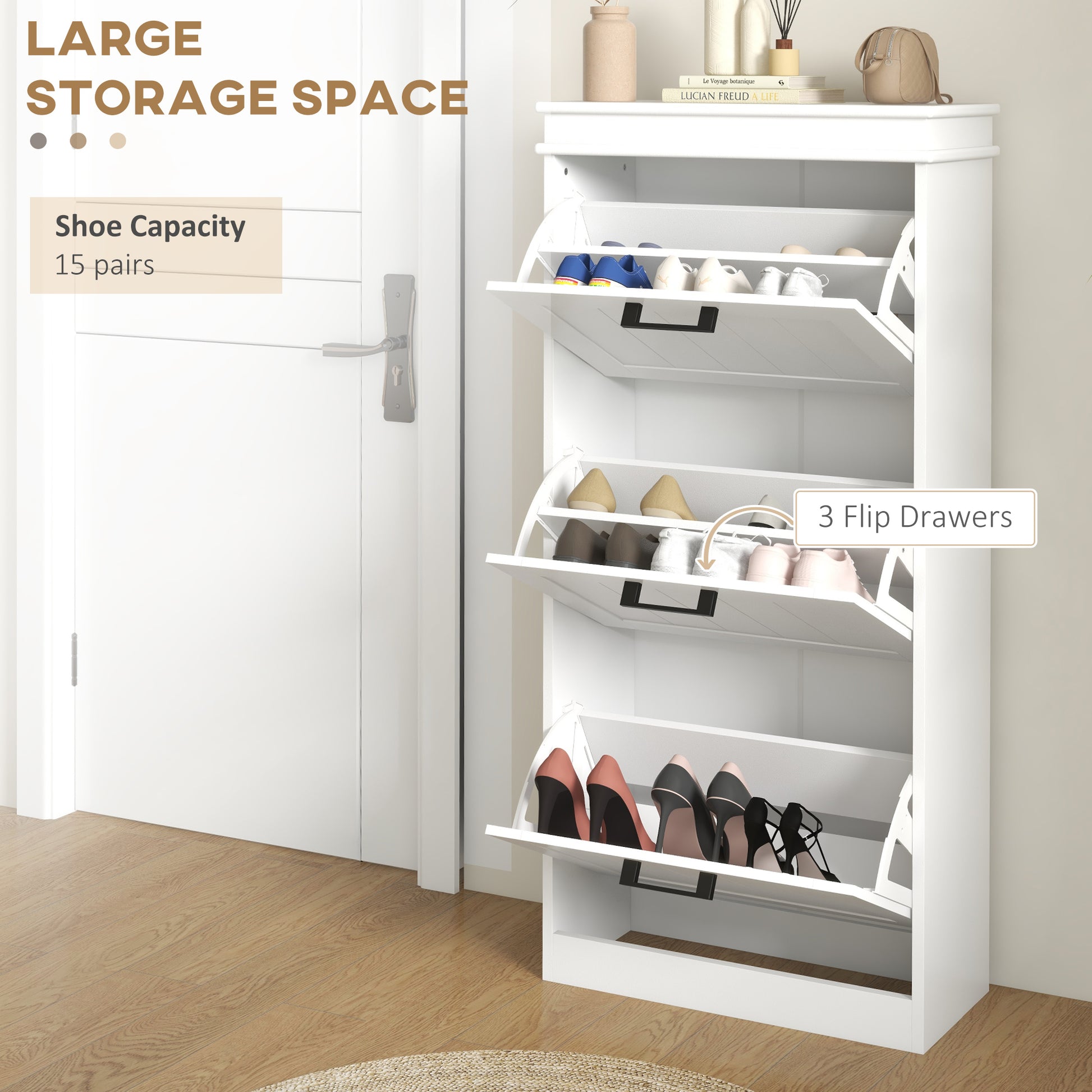 HOMCOM Narrow Minimalist Shoe Cabinet with Three Flip Drawers for Up to 15 Pairs - ALL4U RETAILER LTD