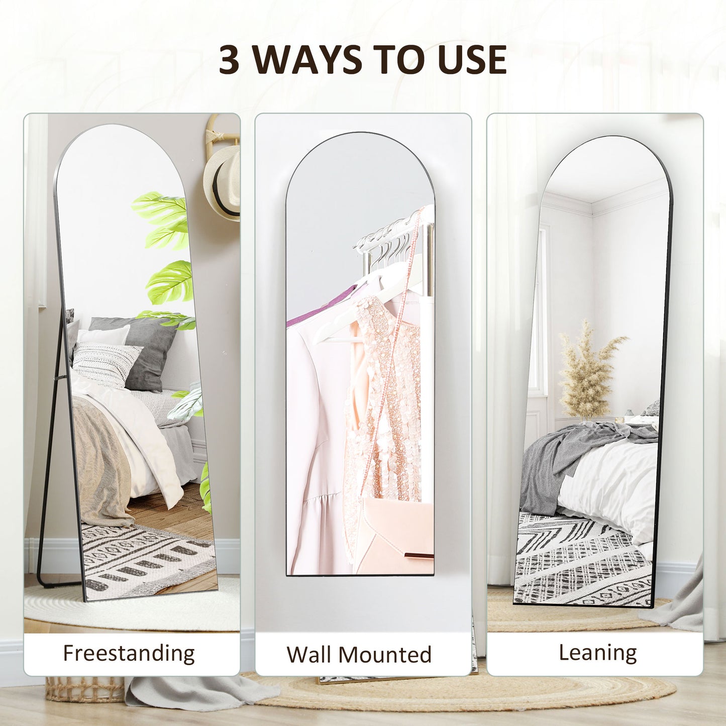 HOMCOM 150cm Arched Full Length Mirror Black Floor Standing Leaner For Full Body View