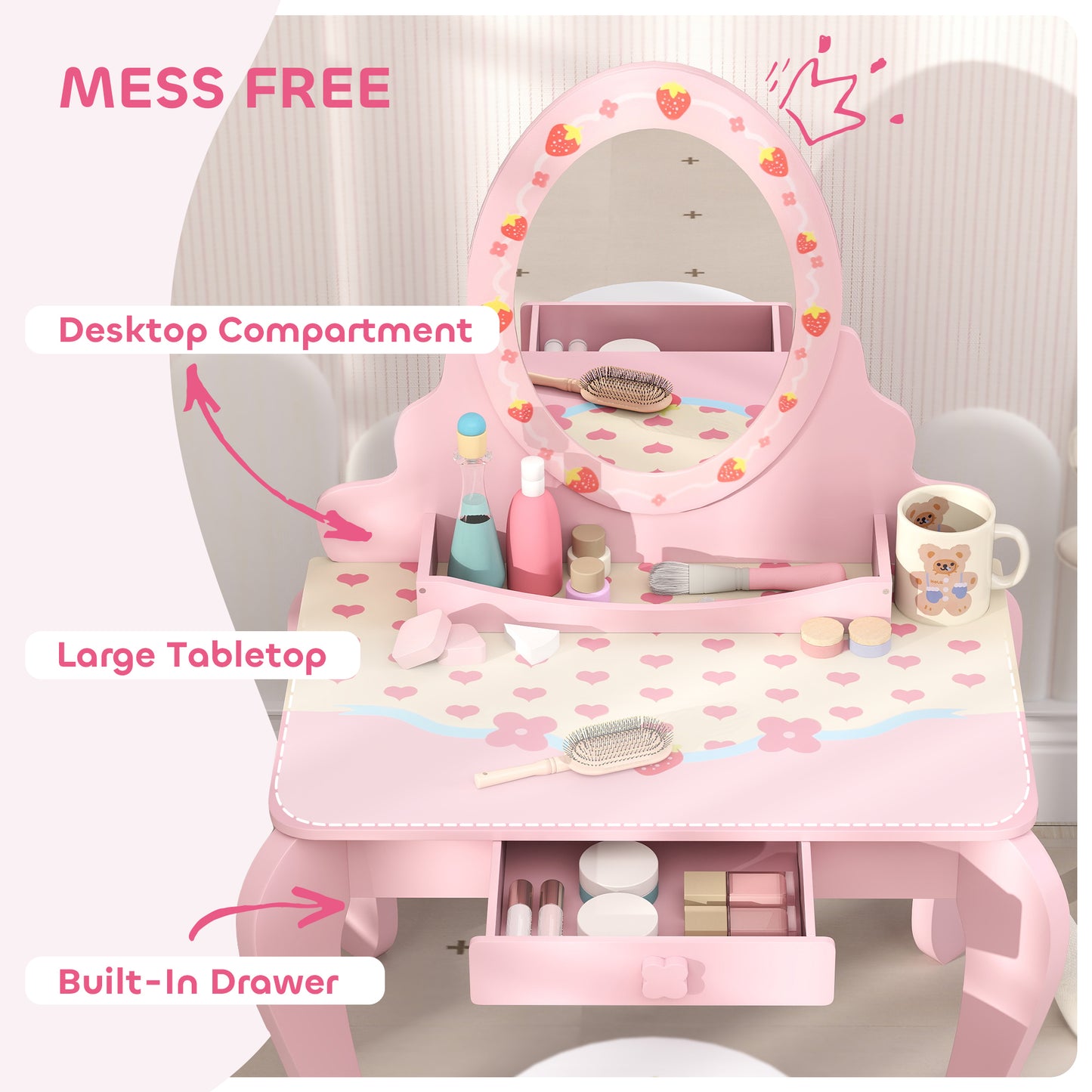 AIYAPLAY Kids Dressing Table Set Vanity With Stool Mirror Drawer Storage Strawberry Theme Pink
