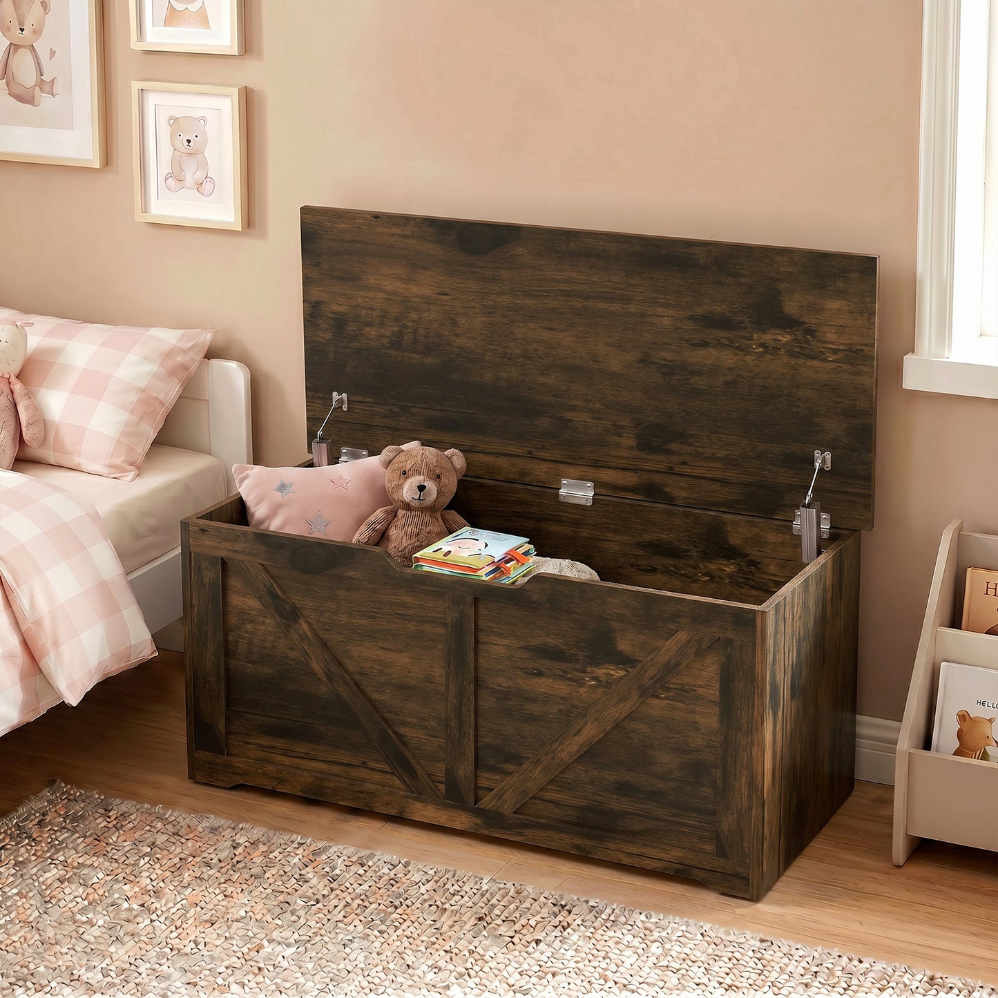 HOMCOM 127L Storage Trunk With Safety Hinges Rustic Brown Wood Effect Bench Seat