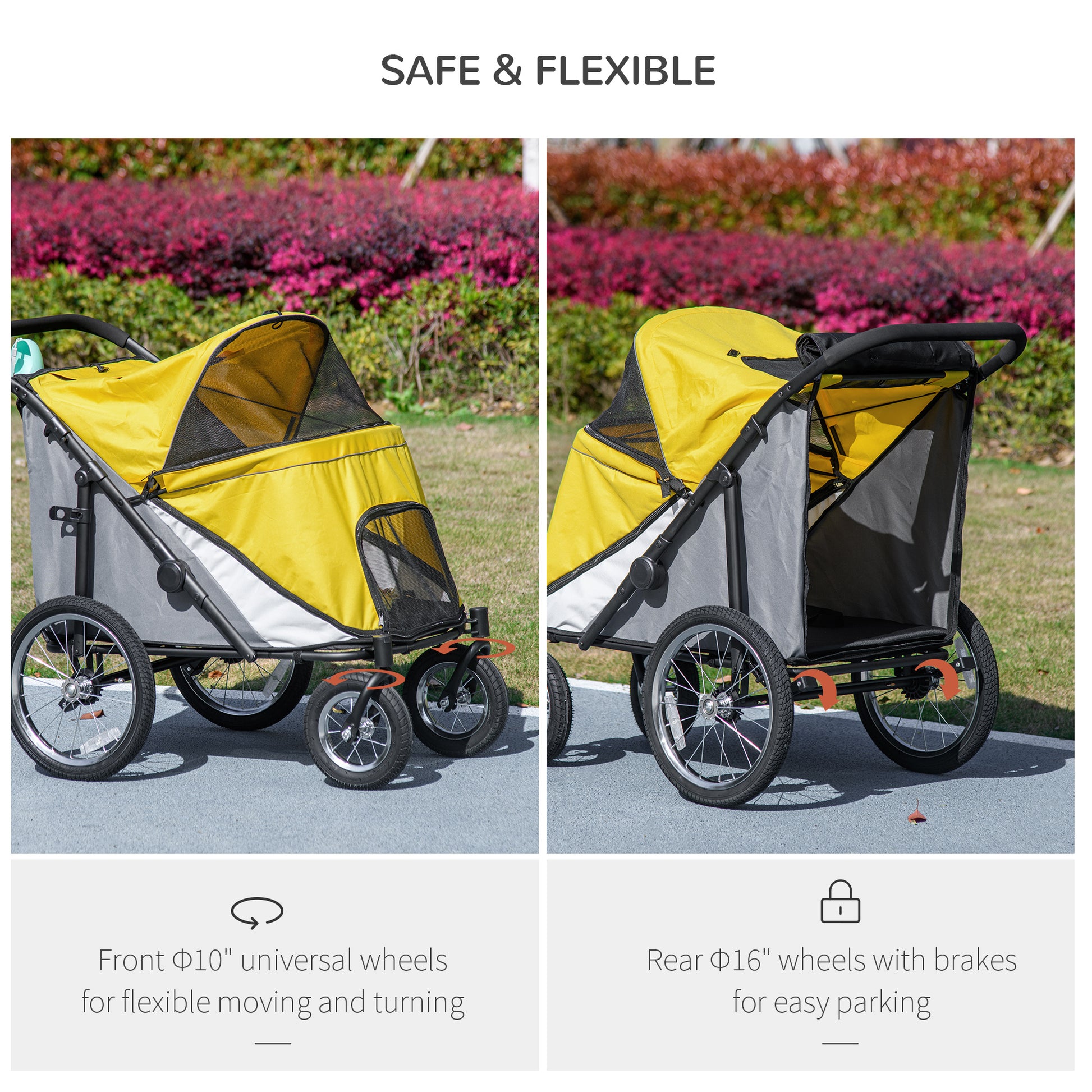 PawHut Large Dog & Cat Travel Stroller with Washable Cushion, Safety Leash, and Storage Bags - Yellow - ALL4U RETAILER LTD