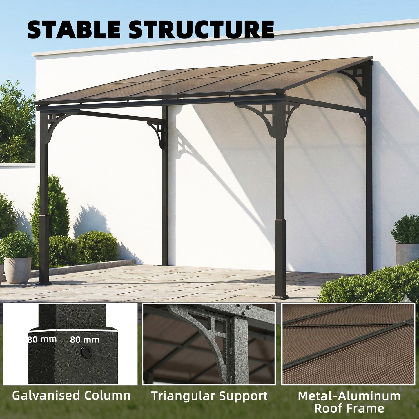 Outsunny 3 x 2.87 m Wall Mounted Lean To Garden Pergola With Polycarbonate Roof And Galvanized Metal Frame
