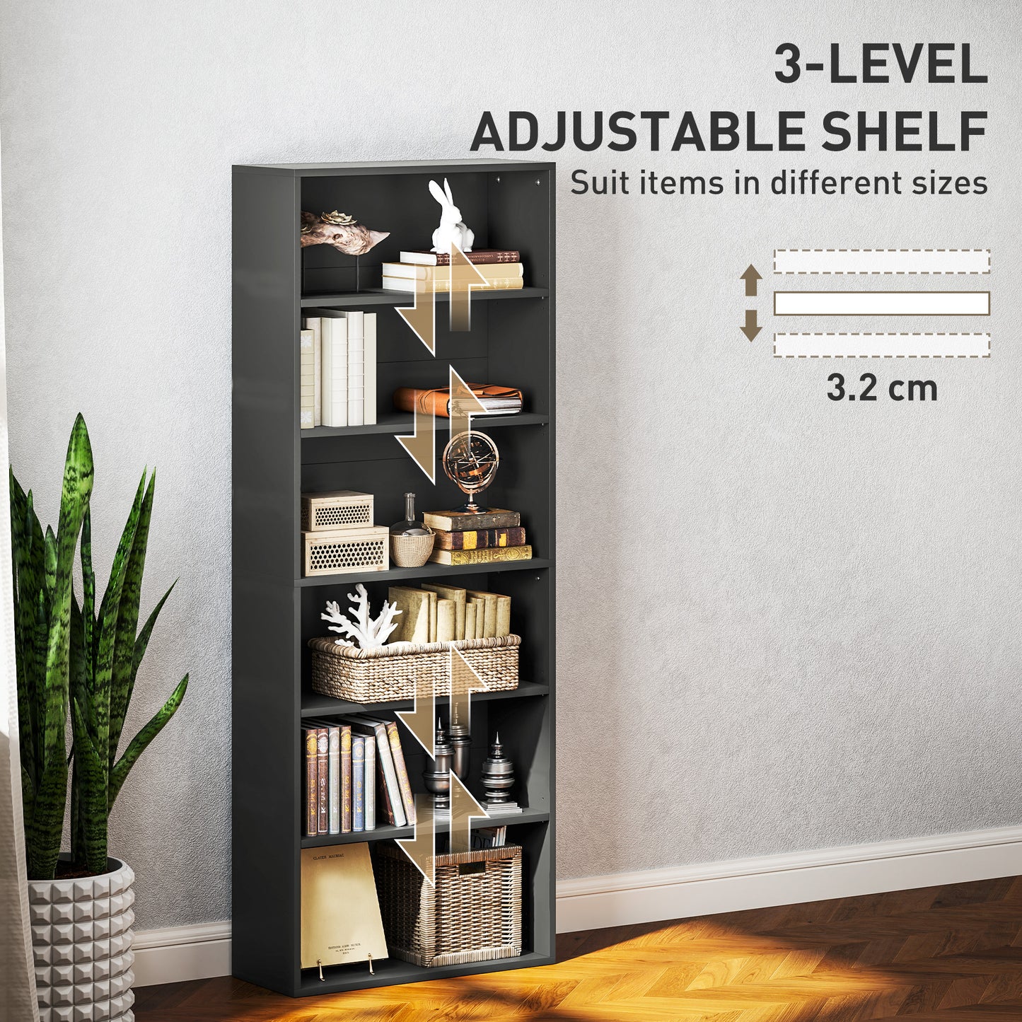 HOMCOM Six Shelf Bookcase Black With Four Adjustable Shelves And Six Open Compartments