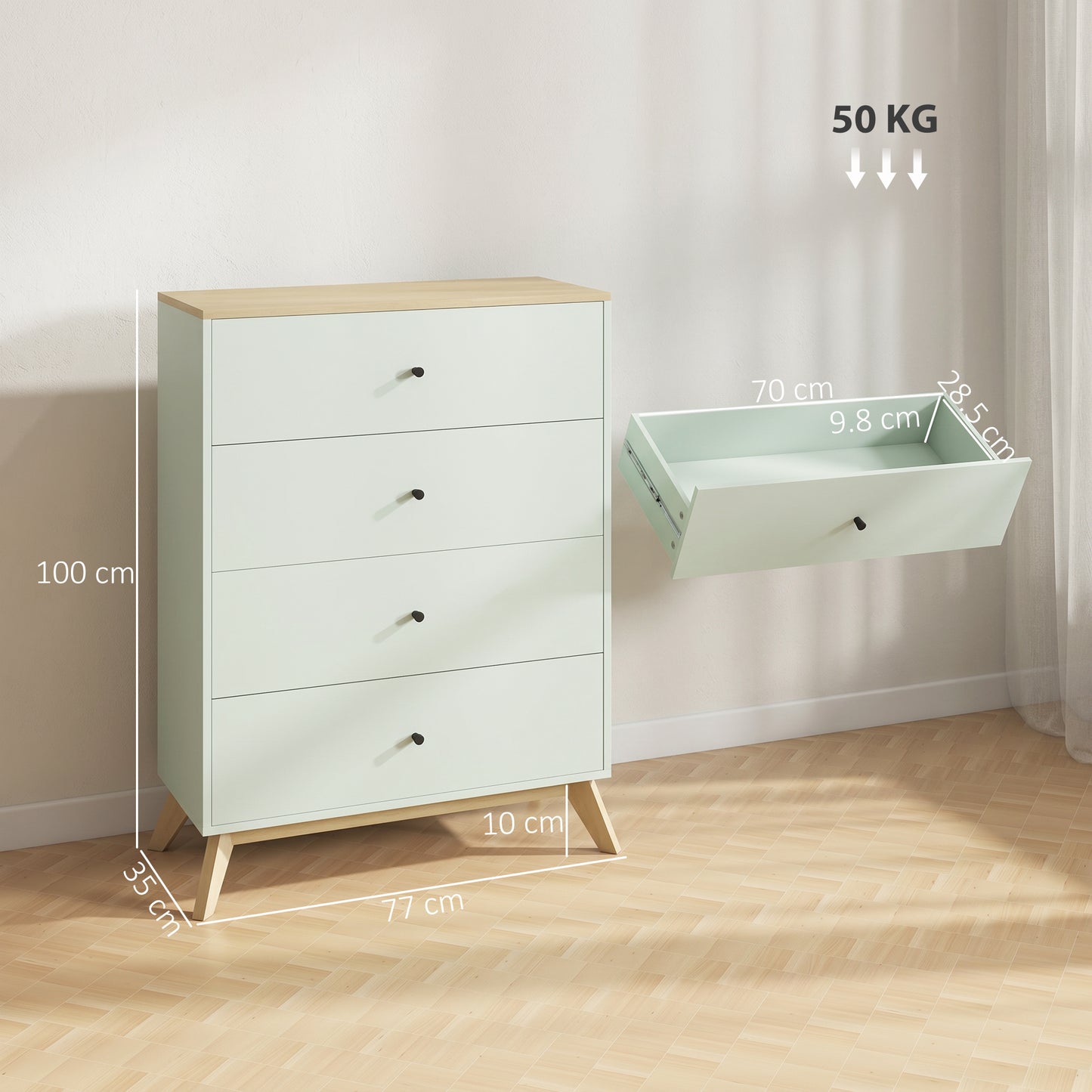 HOMCOM 4 Drawer Storage Cabinet Chest of Drawers for Bedroom and Living Room in Light Green and Oak Finish