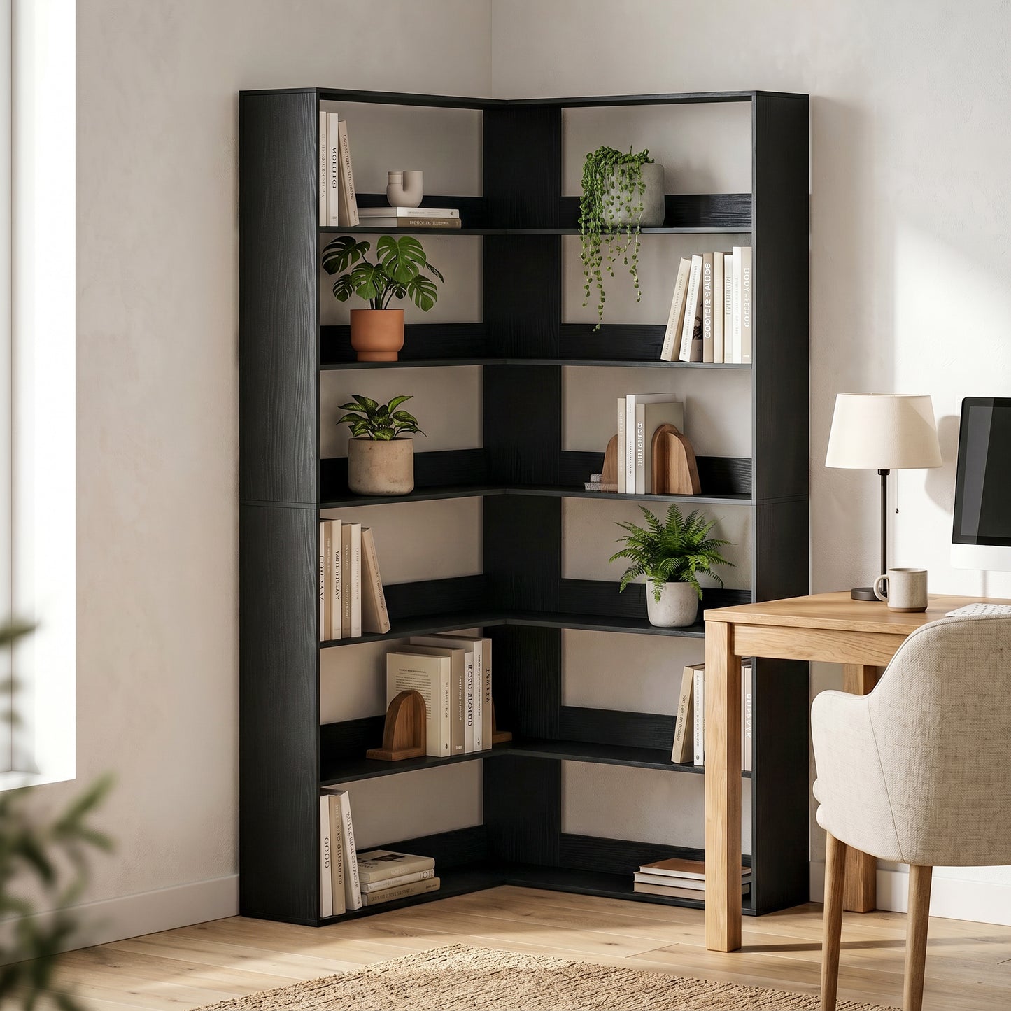 HOMCOM 7 Tier L Shaped Corner Bookshelf with Anti Slip Rear Guard Black Wood Effect 180 Cm Tall