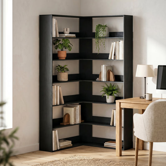 HOMCOM 7 Tier L Shaped Corner Bookshelf with Anti Slip Rear Guard Black Wood Effect 180 Cm Tall