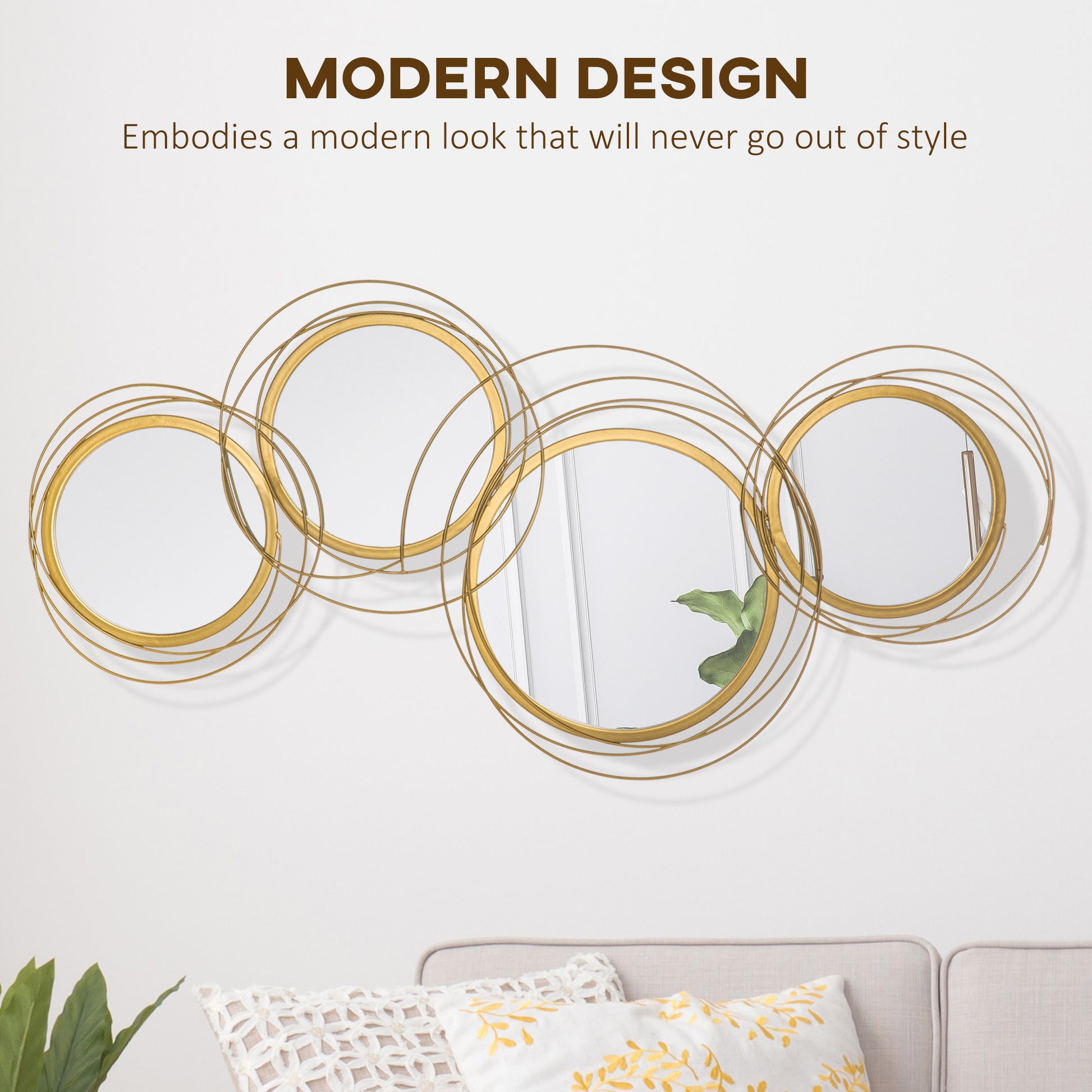 HOMCOM Gold-Tone Modern Metal Wall Mirror Art with Asymmetric Circular Design for Home Decor - ALL4U RETAILER LTD