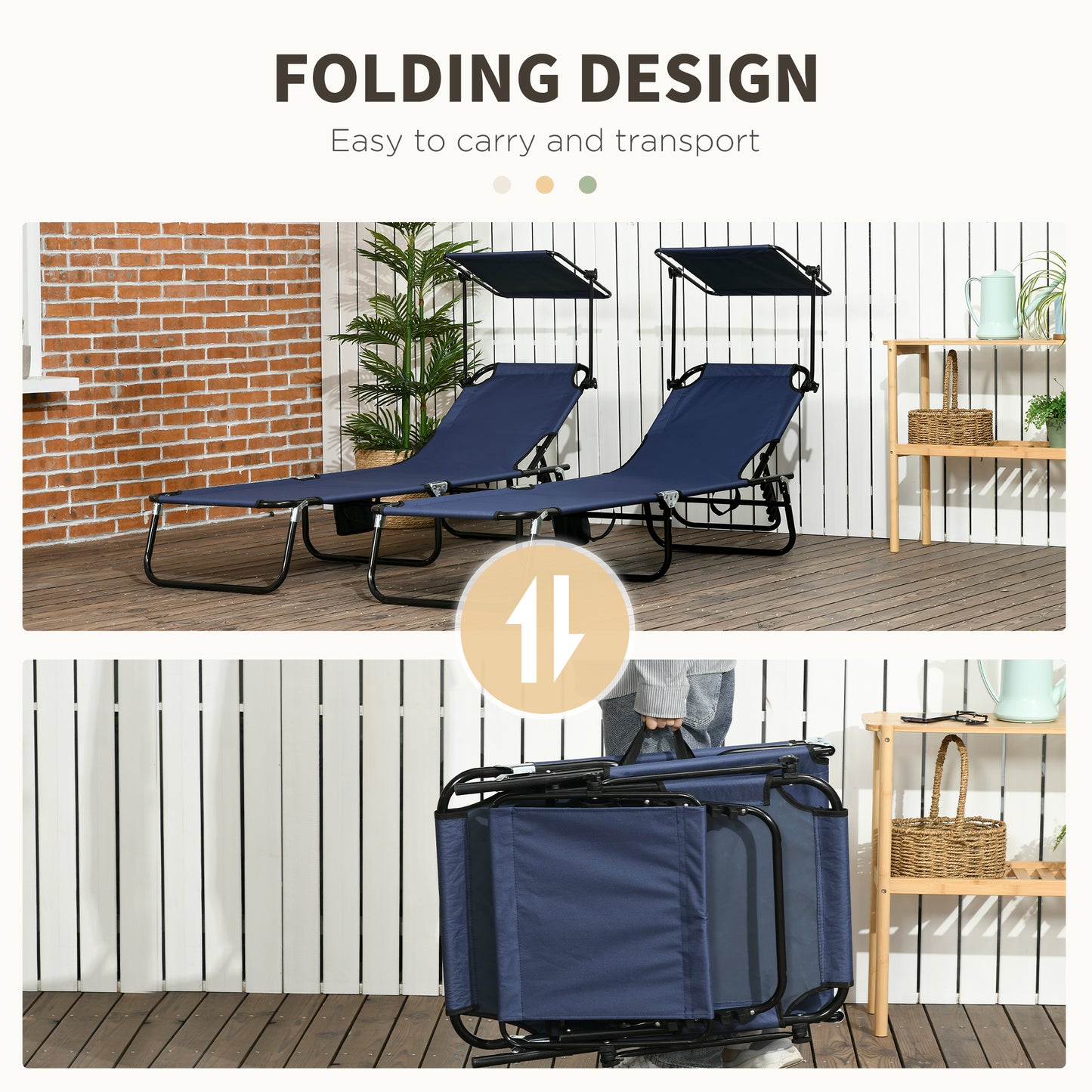 Outsunny Set Of Two Folding Sun Loungers With Adjustable Backs And Sun Canopies In Dark Blue