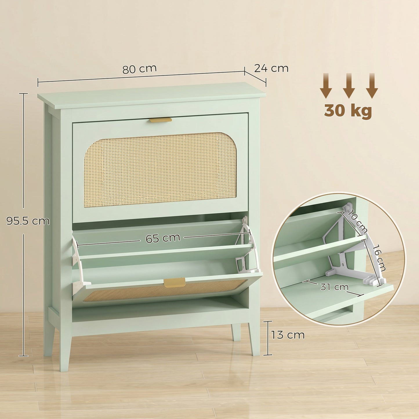 HOMCOM Narrow Boho Shoe Cabinet With 2 Flip Drawers Holds 14 Pairs In Light Green Finish