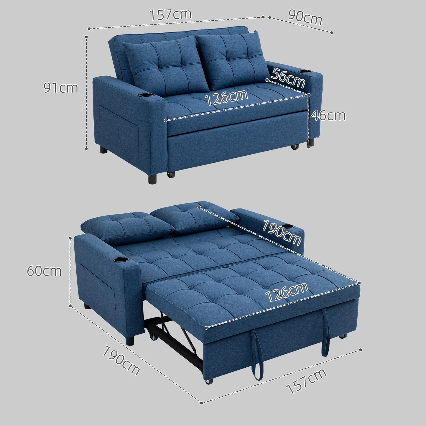 HOMCOM Two Seater Pull Out Sofa Bed In Dark Blue With Lounger And Sofa Bed Function 157 By 190 Centimeters