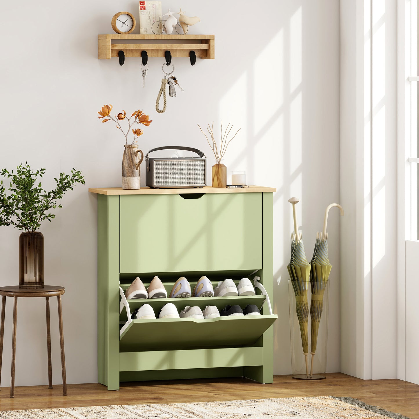 HOMCOM Slim Narrow Shoe Cabinet With 2 Flip Drawers And Adjustable Shelves Holds 12 Pairs Green