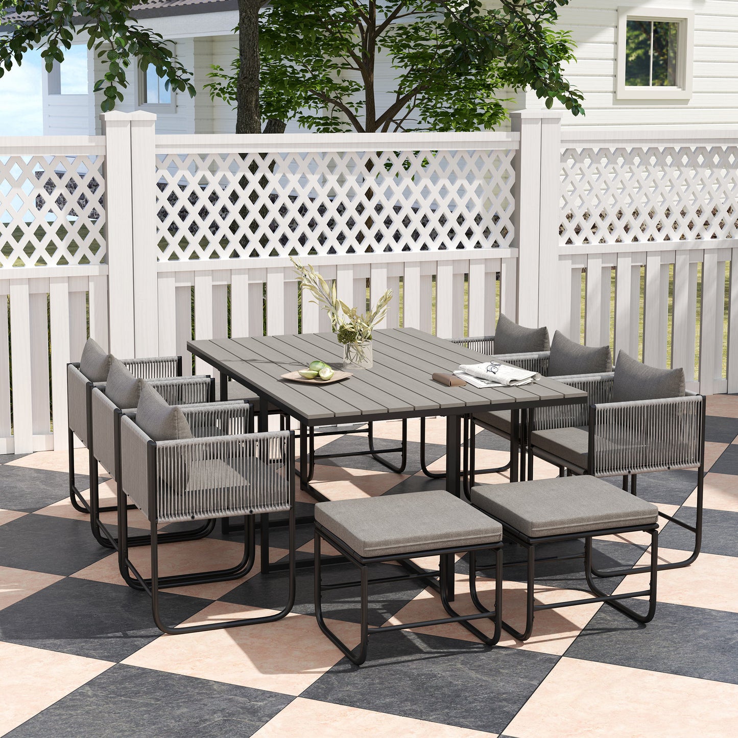 Outsunny 10 Seater Rattan Cube Garden Furniture Set With Cushions 6 Armchairs 4 Stools Wood Grain Table Grey