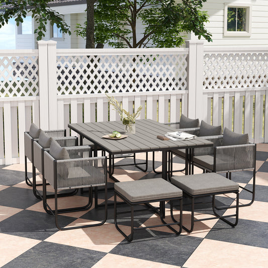 Outsunny 10 Seater Rattan Cube Garden Furniture Set With Cushions 6 Armchairs 4 Stools Wood Grain Table Grey