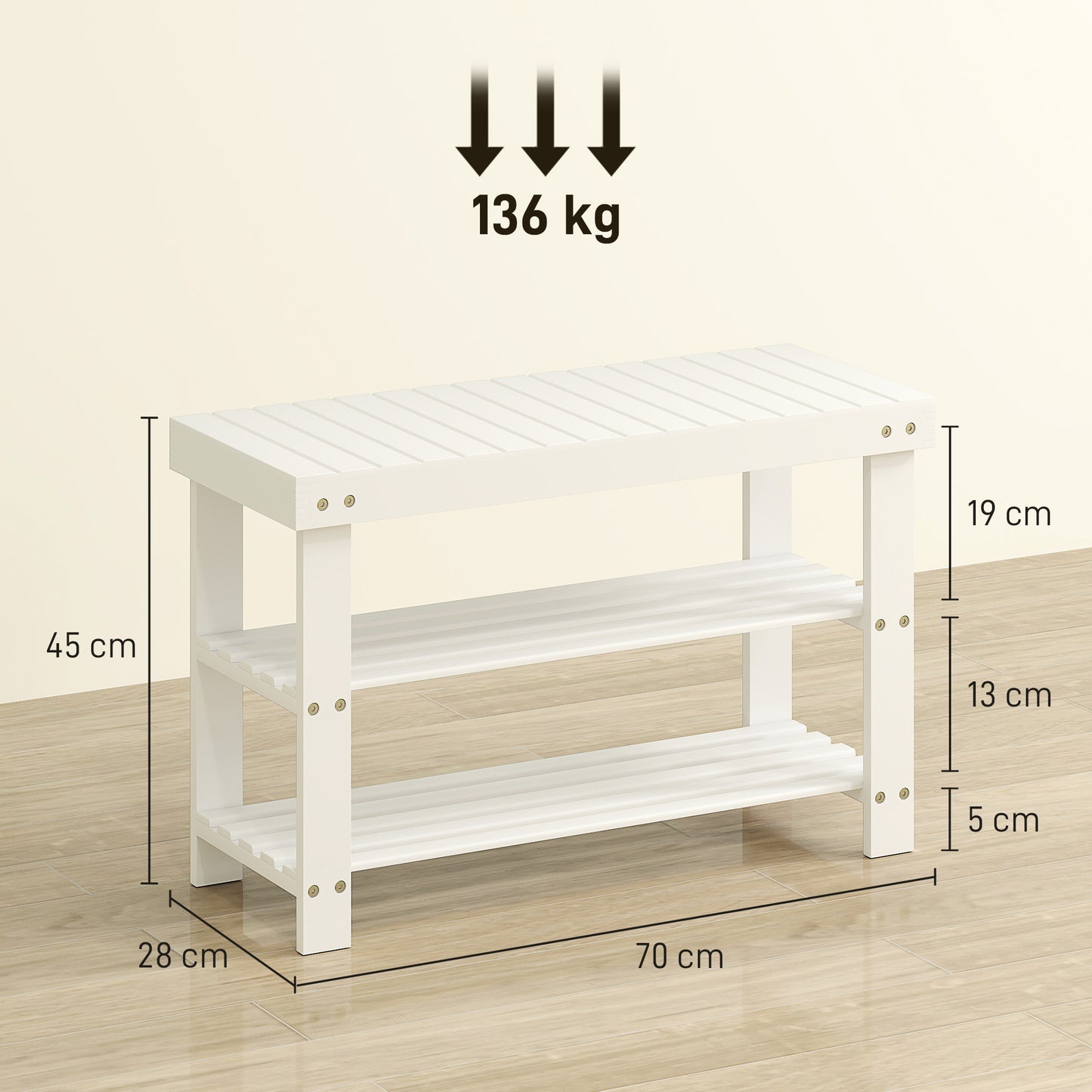 HOMCOM Bamboo Shoe Storage Bench With Two Shelves White Finish Ideal Entryway Organizer For Shoes And Boots