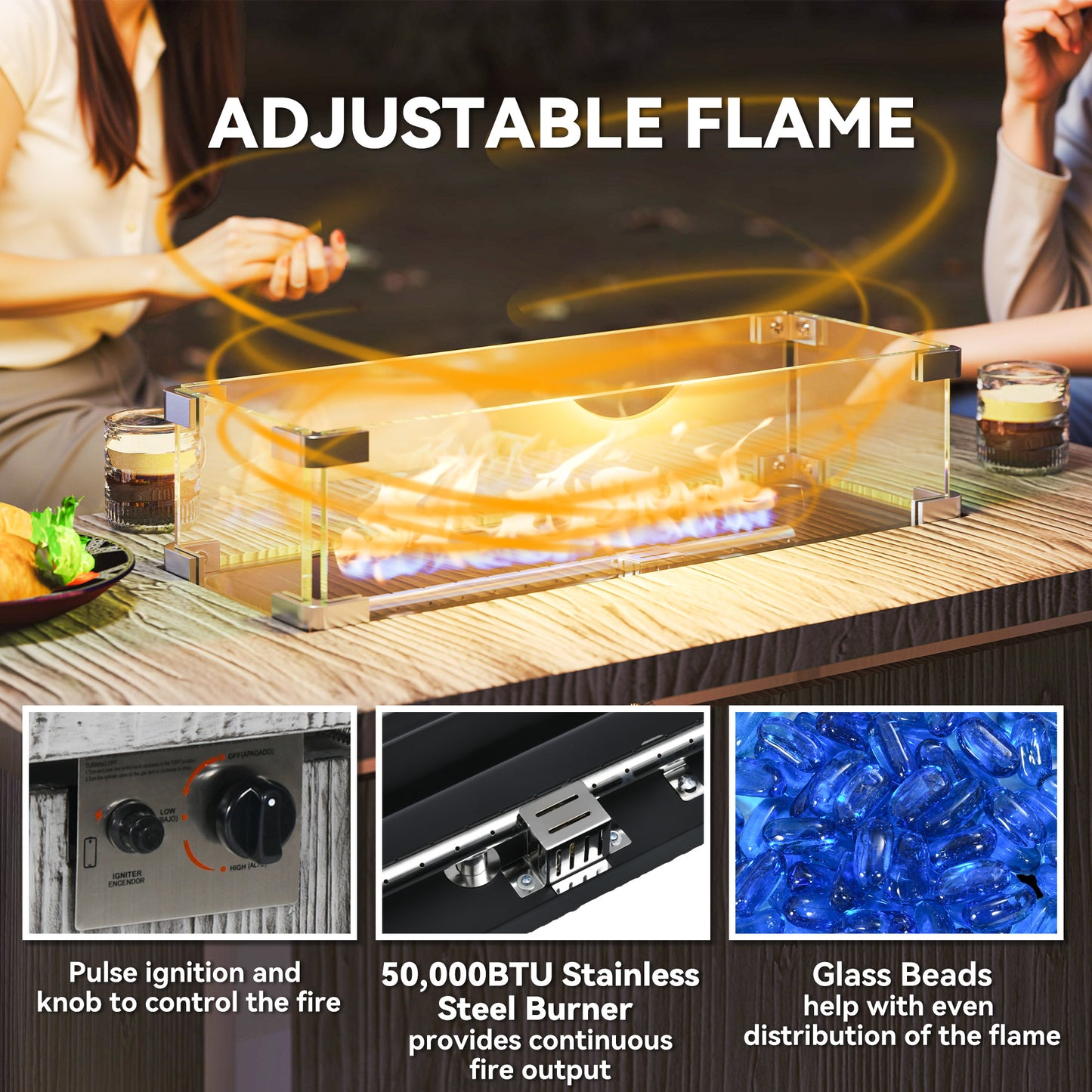 Outsunny 50000 BTU Gas Fire Pit Table With Cover And Glass Screen Dark Grey For Outdoor Dining And Warmth