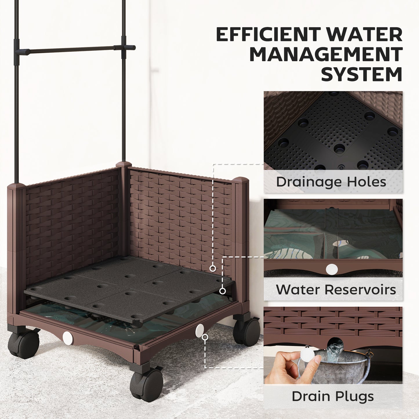 Outsunny Raised Garden Bed On Wheels With Trellis And Tomato Cage Self Watering Planter Box With Drainage Holes Brown