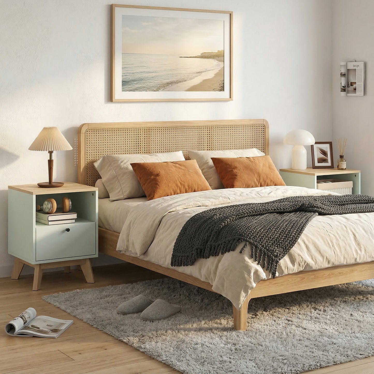 HOMCOM Modern Nightstand Set Of 2 Bedside Tables With Drawers And Open Shelf Light Green Finish