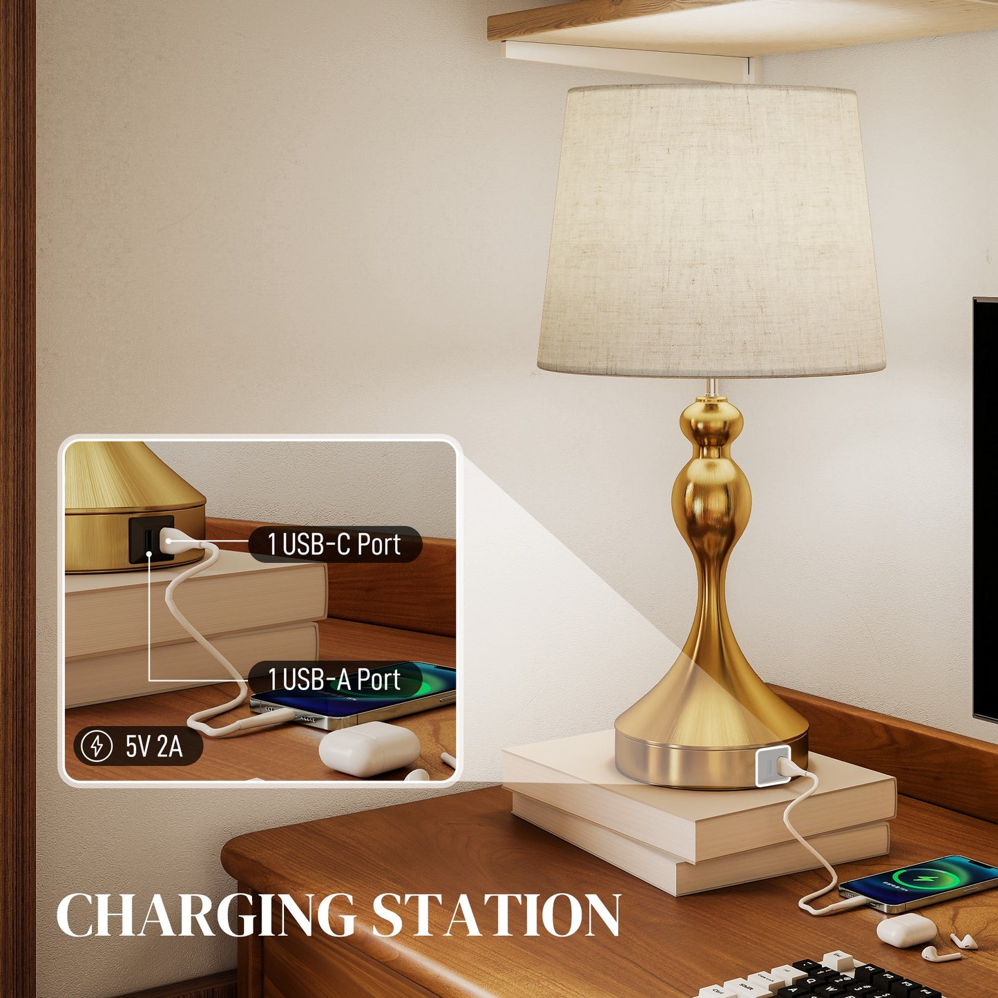 HOMCOM Dimmable Bedside Lamps Set Of 2 With USB Type A And C Ports 3 Colour Temperatures Linen Shade Gold Tone