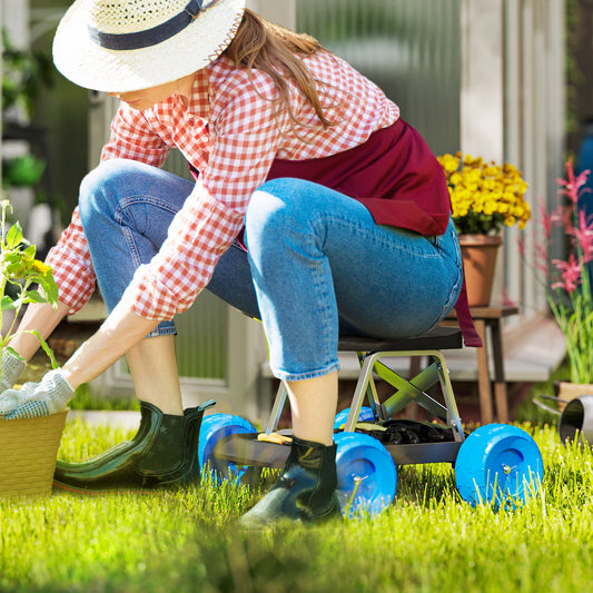 Outsunny Garden Storage Cart With Top Seat Blue Built In Tool Tray And Wide Plastic Wheels
